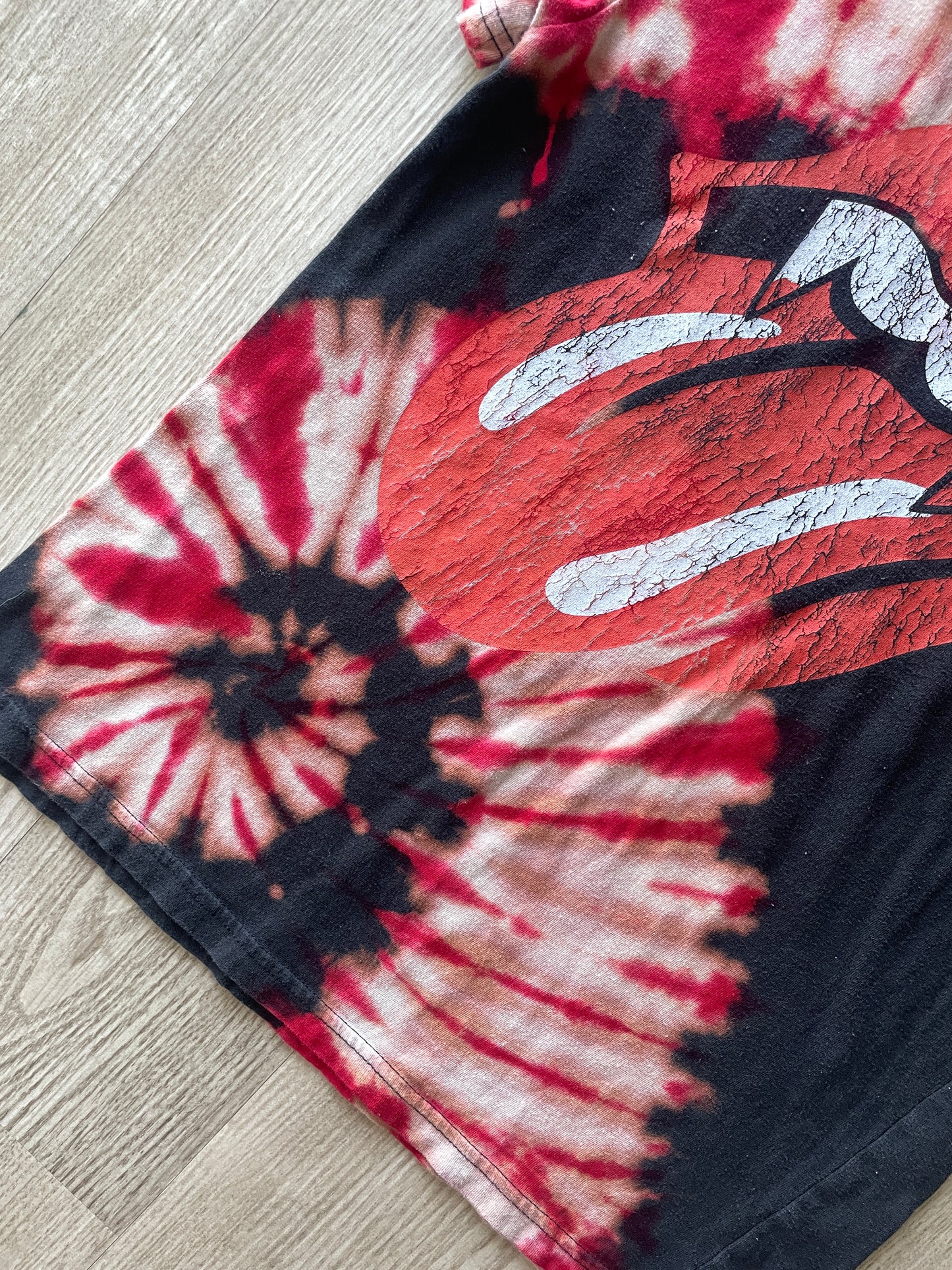 MEDIUM Women's Rolling Stones Hot Lips Handmade Reverse Tie Dye Short Sleeve T-Shirt | One-Of-a-Kind Upcycled Red and Black Spiral Top