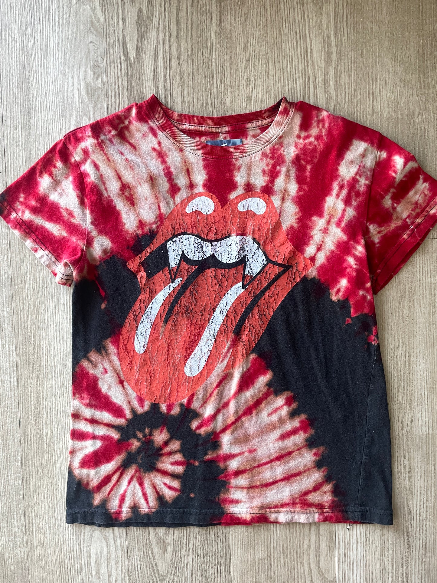 MEDIUM Women's Rolling Stones Hot Lips Handmade Reverse Tie Dye Short Sleeve T-Shirt | One-Of-a-Kind Upcycled Red and Black Spiral Top