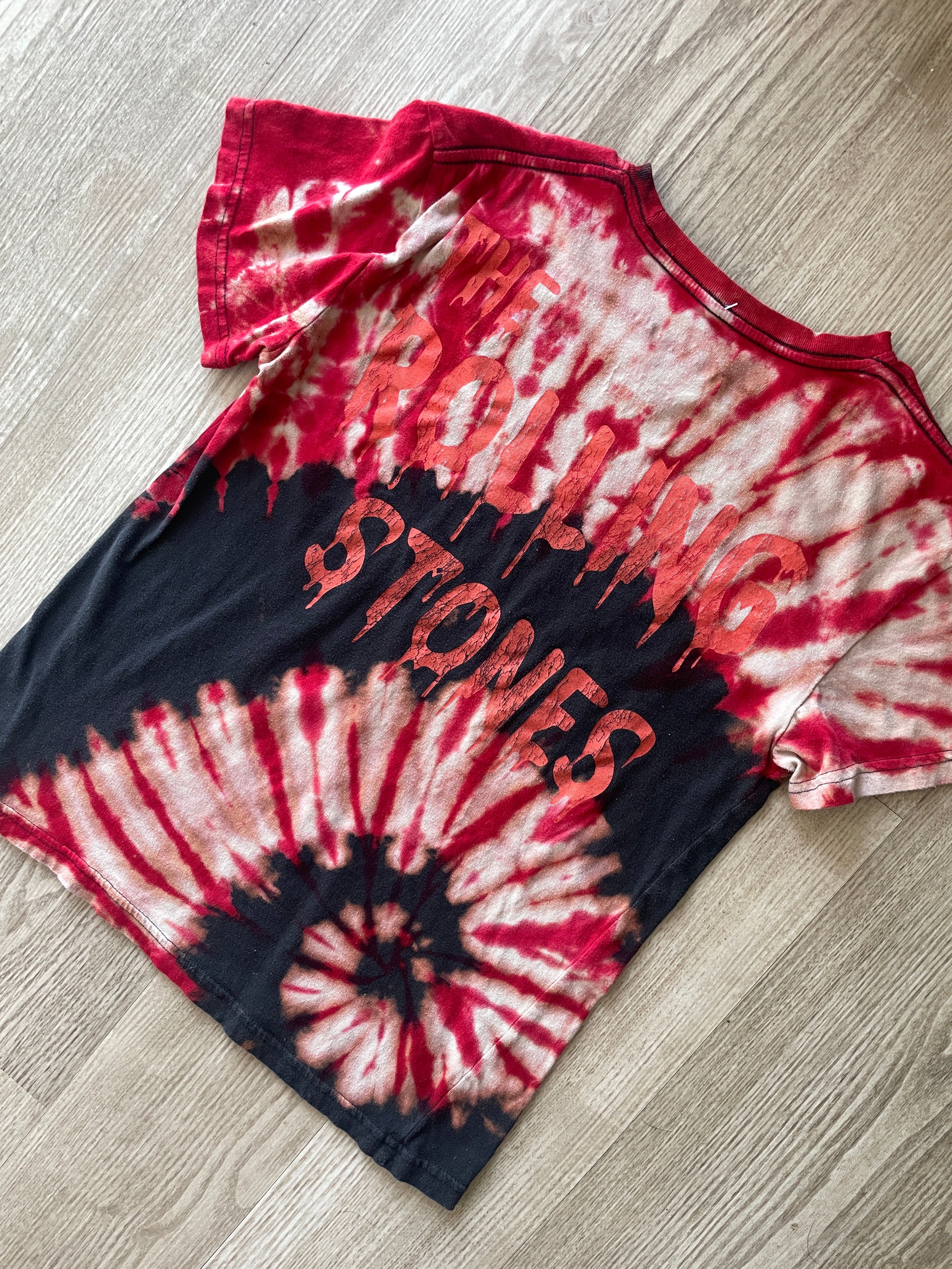 MEDIUM Women's Rolling Stones Hot Lips Handmade Reverse Tie Dye Short Sleeve T-Shirt | One-Of-a-Kind Upcycled Red and Black Spiral Top