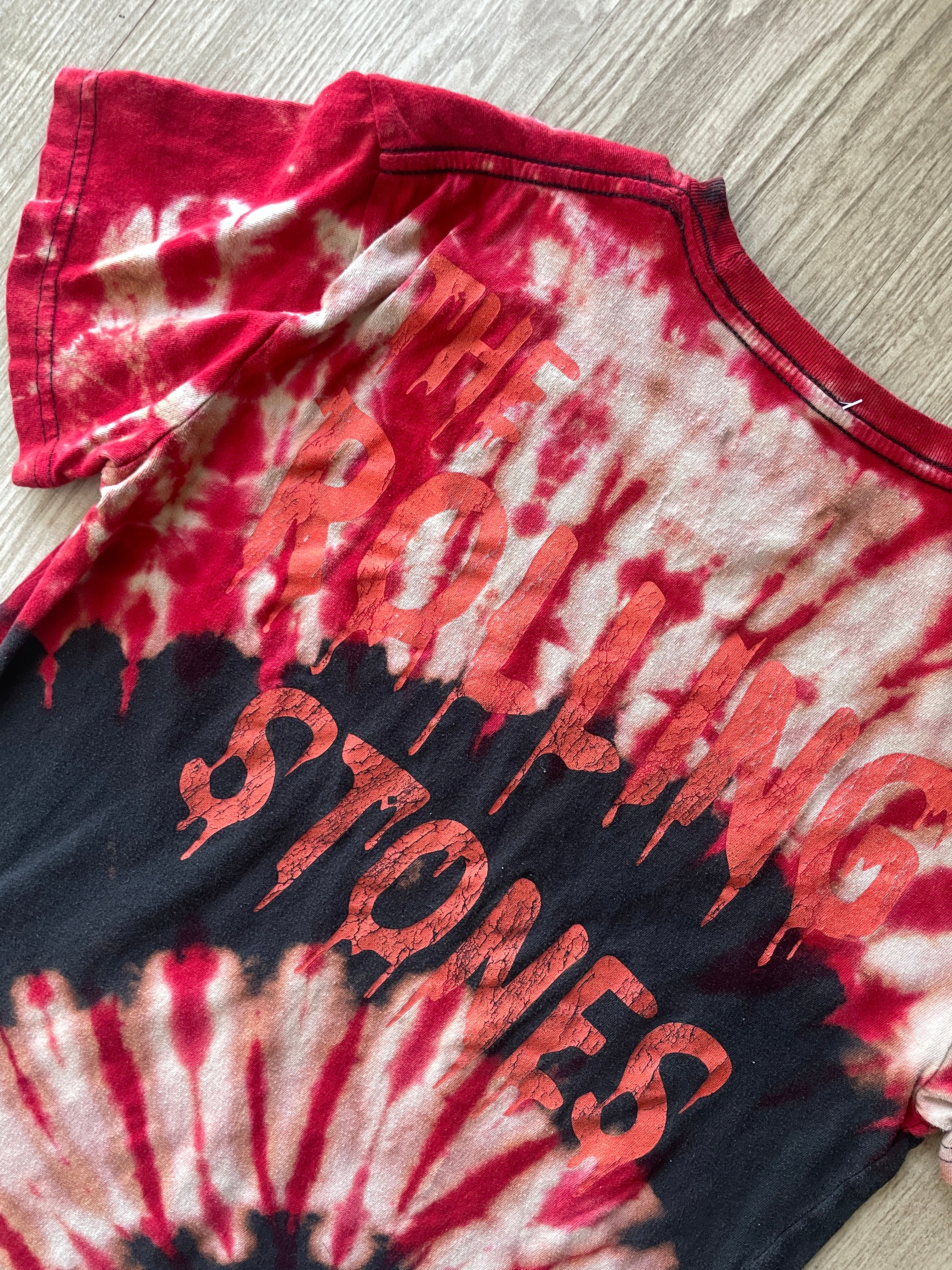 MEDIUM Women's Rolling Stones Hot Lips Handmade Reverse Tie Dye Short Sleeve T-Shirt | One-Of-a-Kind Upcycled Red and Black Spiral Top