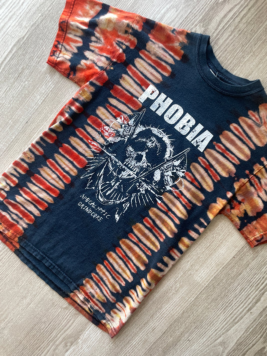 MEDIUM Men’s Phobia Apocalyptic Grindcore Handmade Bleach Tie Dye Short Sleeve T-Shirt | One-Of-a-Kind Upcycled Black and Orange Pleated Top