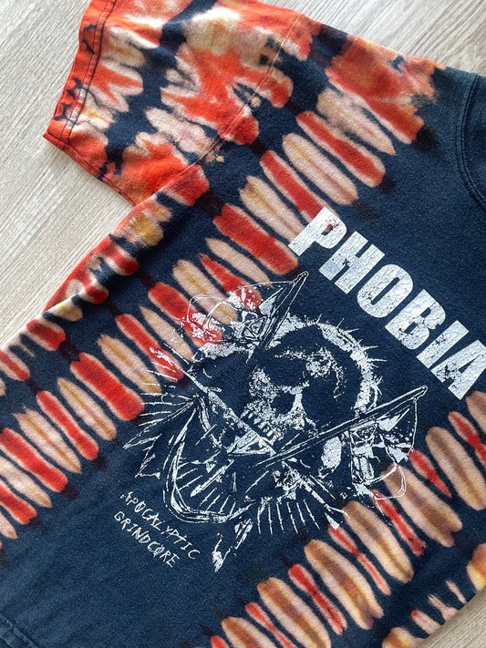 MEDIUM Men’s Phobia Apocalyptic Grindcore Handmade Bleach Tie Dye Short Sleeve T-Shirt | One-Of-a-Kind Upcycled Black and Orange Pleated Top