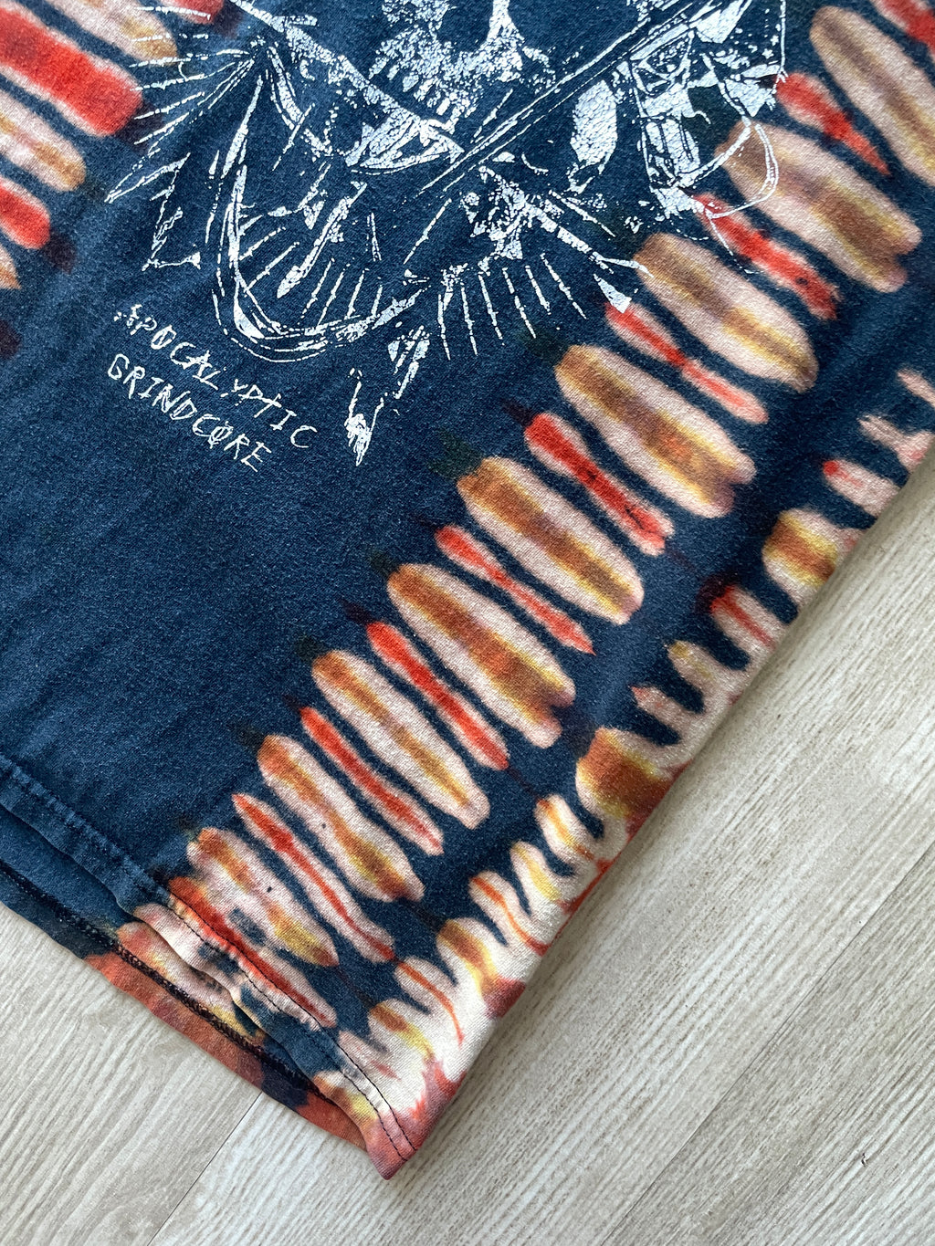 MEDIUM Men’s Phobia Apocalyptic Grindcore Handmade Bleach Tie Dye Short Sleeve T-Shirt | One-Of-a-Kind Upcycled Black and Orange Pleated Top