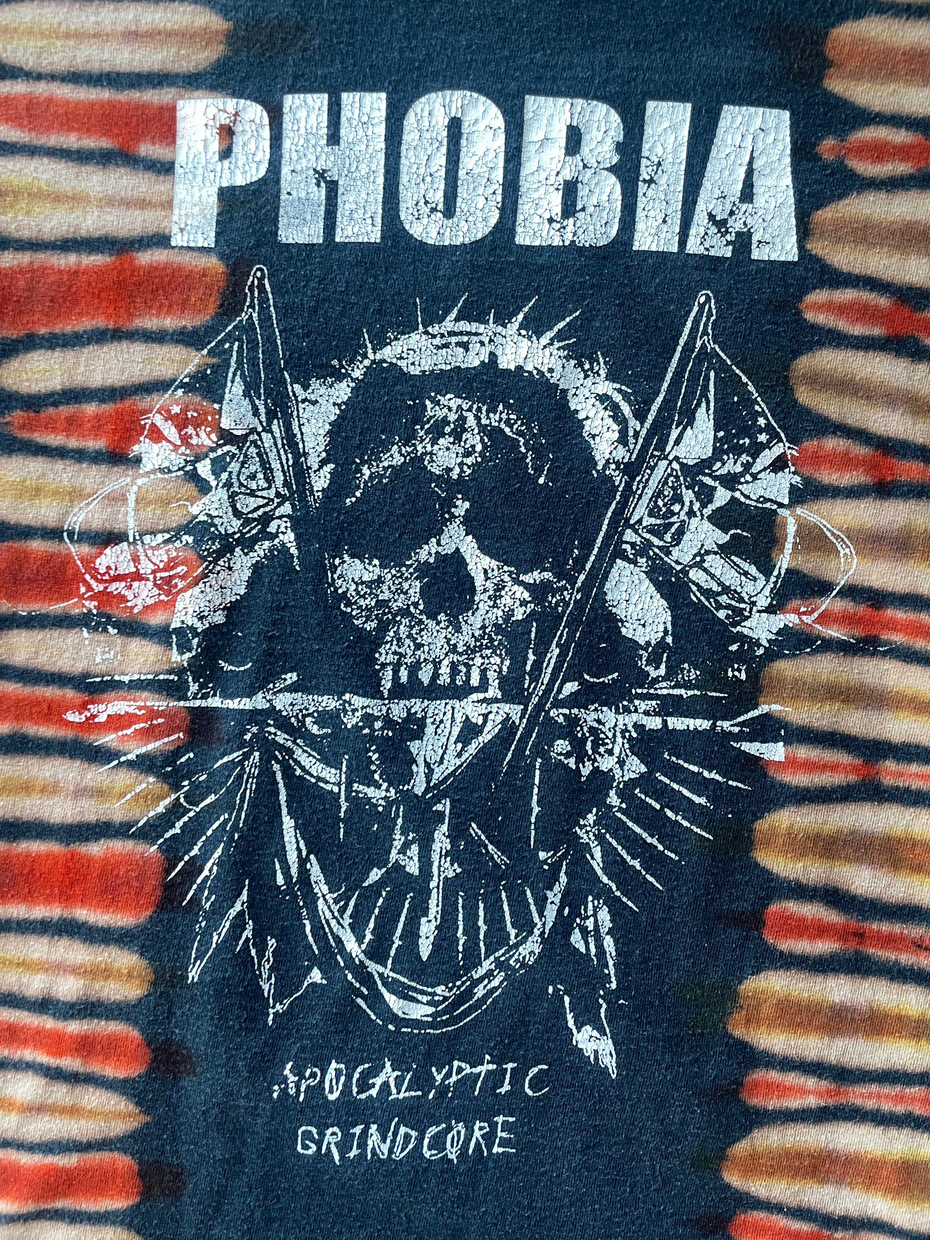 MEDIUM Men’s Phobia Apocalyptic Grindcore Handmade Bleach Tie Dye Short Sleeve T-Shirt | One-Of-a-Kind Upcycled Black and Orange Pleated Top