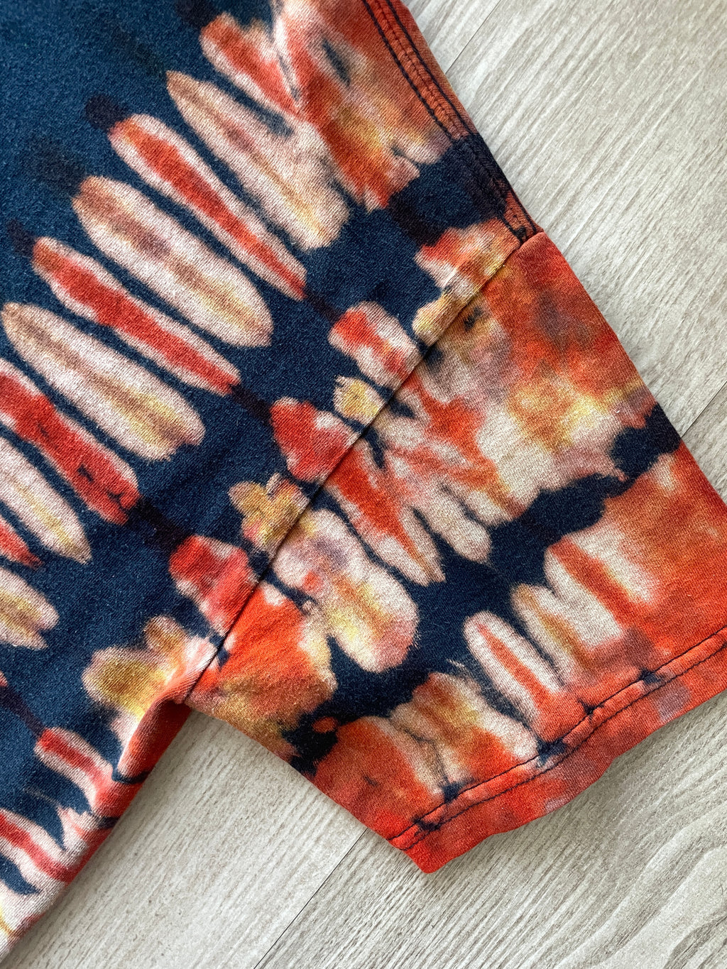 MEDIUM Men’s Phobia Apocalyptic Grindcore Handmade Bleach Tie Dye Short Sleeve T-Shirt | One-Of-a-Kind Upcycled Black and Orange Pleated Top