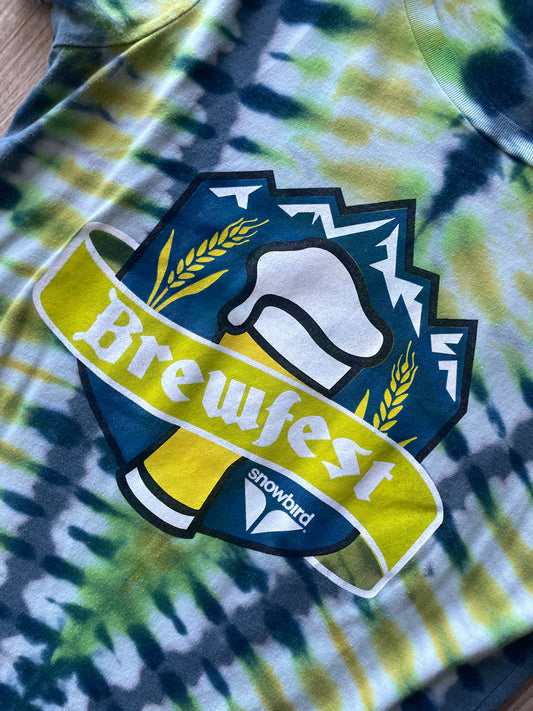 MEDIUM Women's Life is Brewtiful Snowbird Brewfest Handmade Reverse Tie Dye Short Sleeve T-Shirt | One-Of-a-Kind Upcycled Blue and Green Top