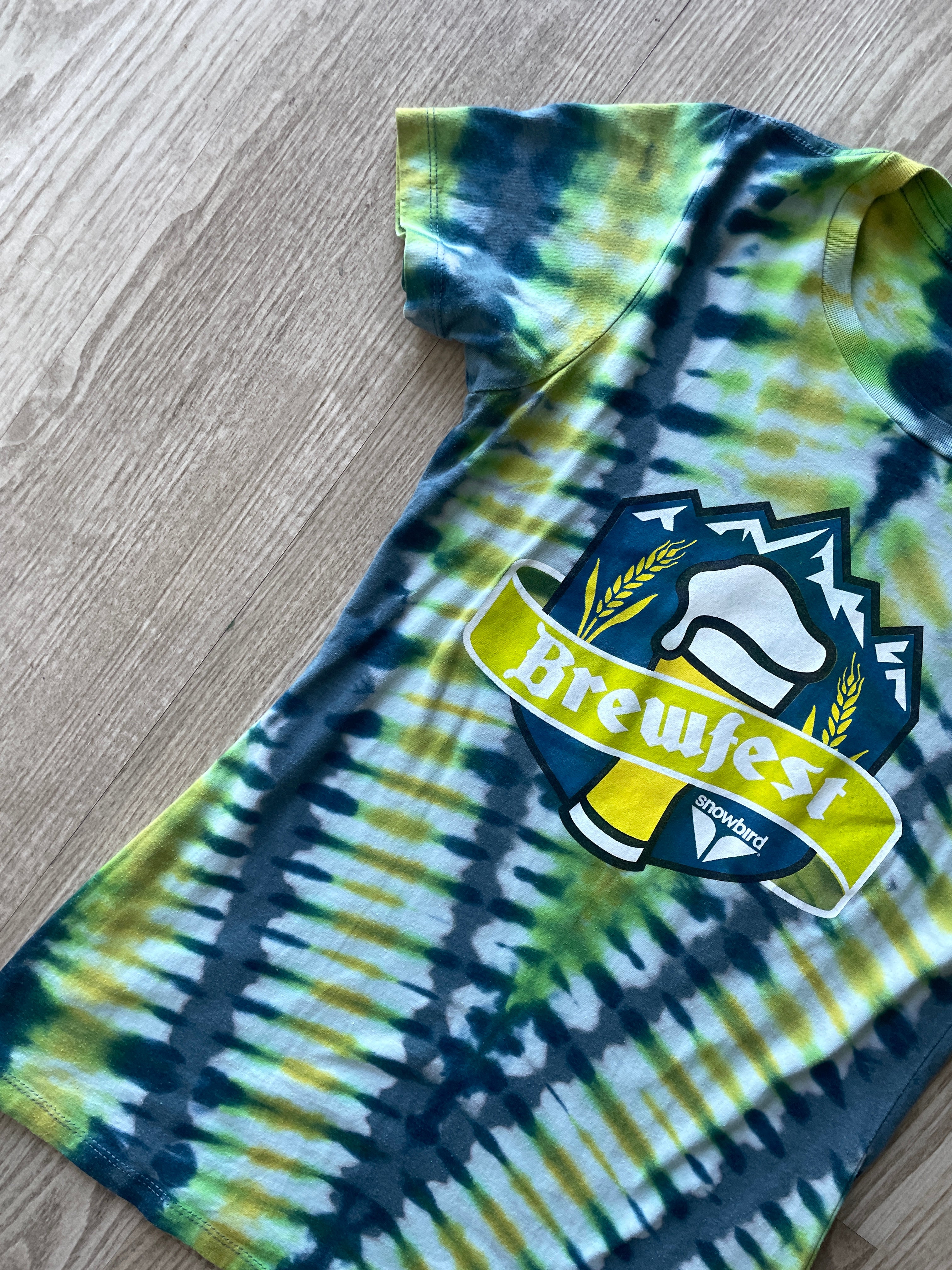 MEDIUM Women's Life is Brewtiful Snowbird Brewfest Handmade Reverse Tie Dye Short Sleeve T-Shirt | One-Of-a-Kind Upcycled Blue and Green Top