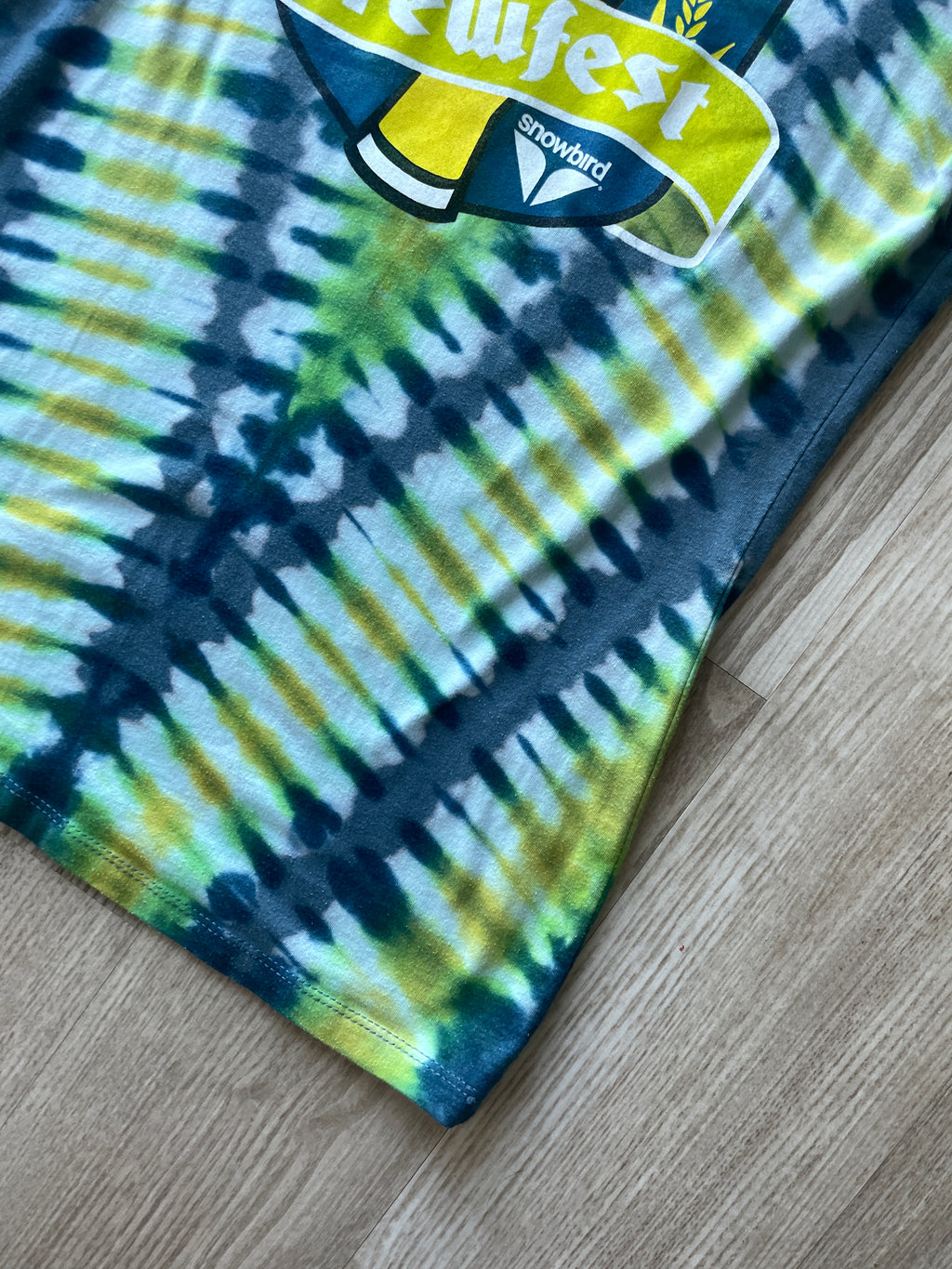 MEDIUM Women's Life is Brewtiful Snowbird Brewfest Handmade Reverse Tie Dye Short Sleeve T-Shirt | One-Of-a-Kind Upcycled Blue and Green Top