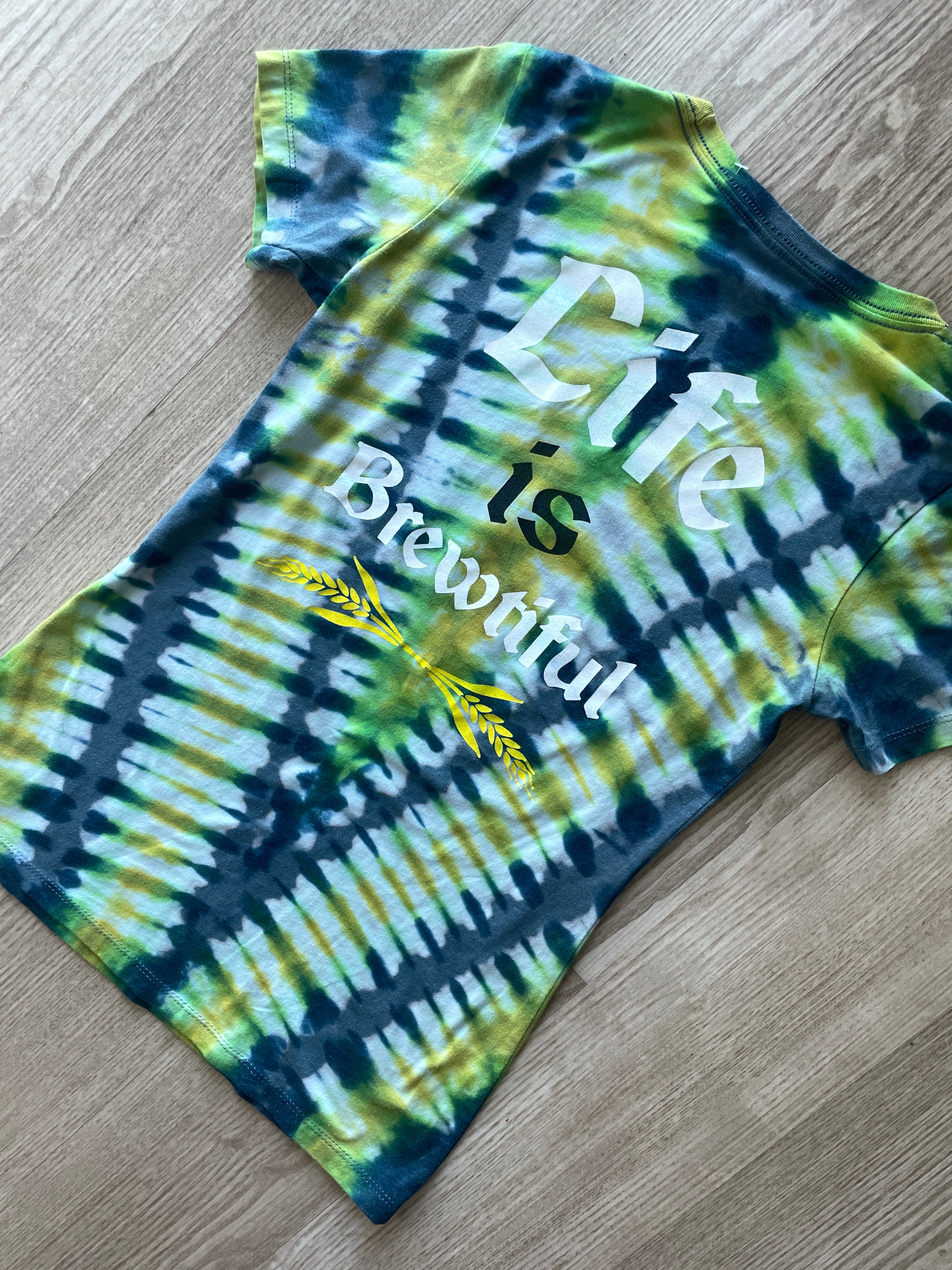 MEDIUM Women's Life is Brewtiful Snowbird Brewfest Handmade Reverse Tie Dye Short Sleeve T-Shirt | One-Of-a-Kind Upcycled Blue and Green Top