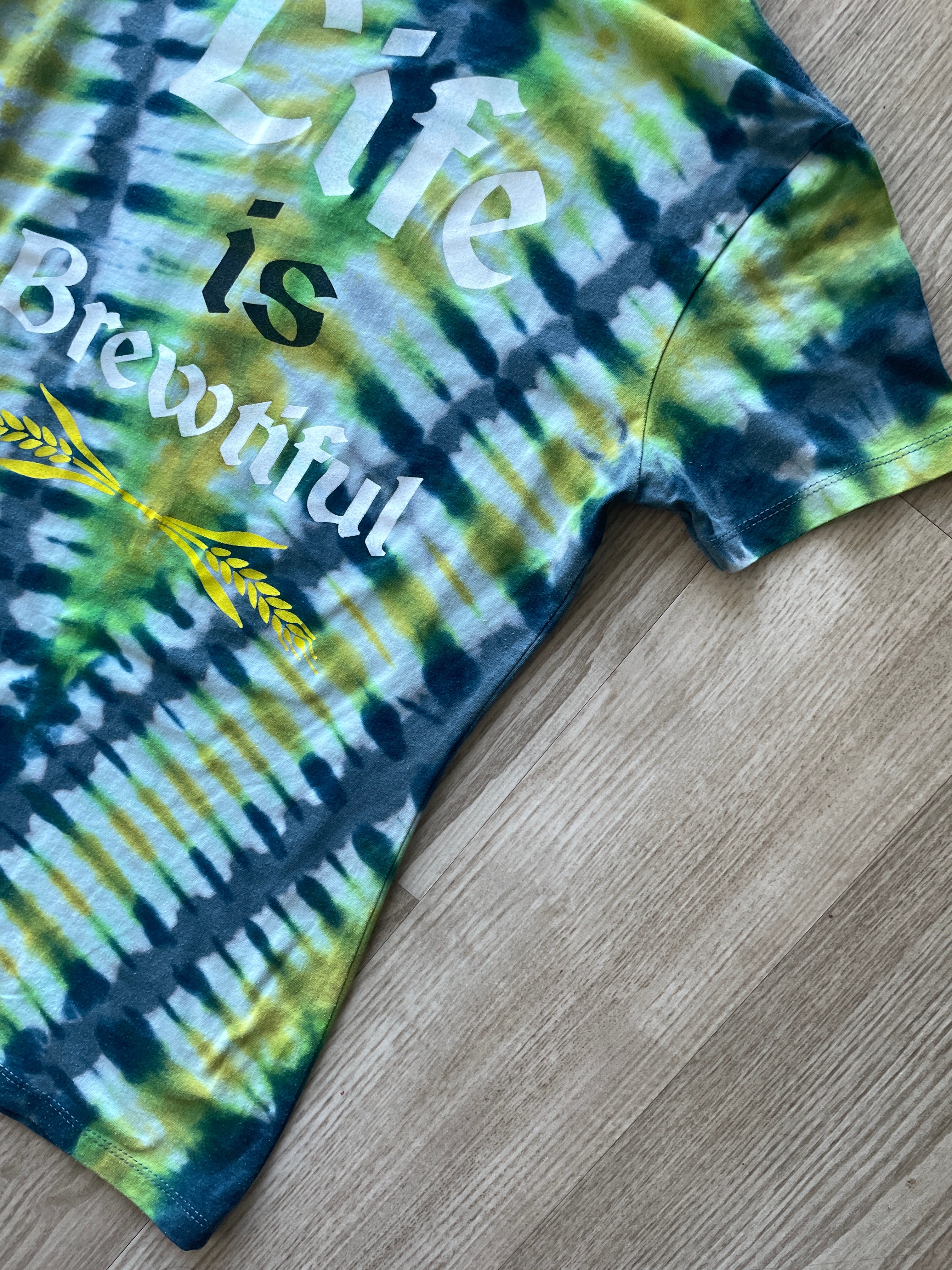 MEDIUM Women's Life is Brewtiful Snowbird Brewfest Handmade Reverse Tie Dye Short Sleeve T-Shirt | One-Of-a-Kind Upcycled Blue and Green Top