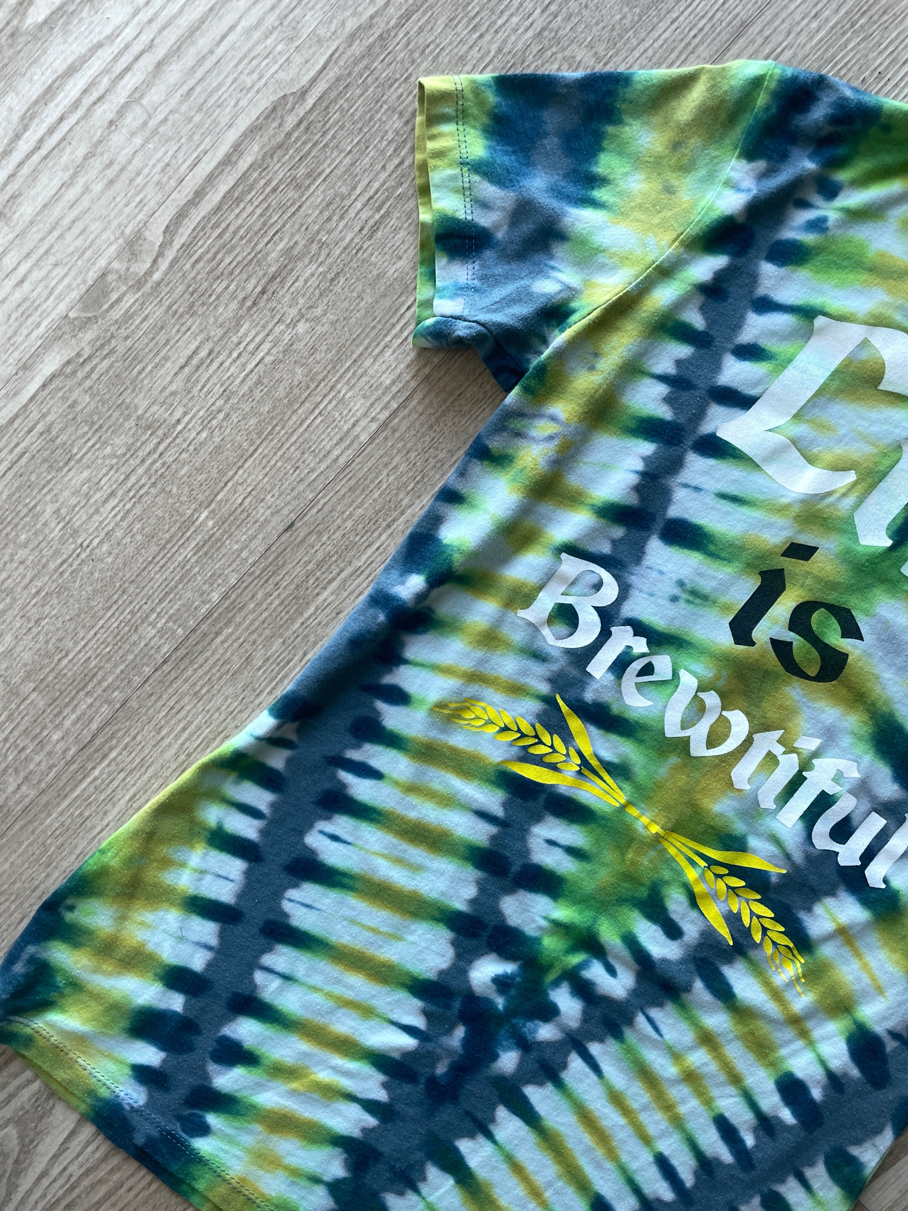 MEDIUM Women's Life is Brewtiful Snowbird Brewfest Handmade Reverse Tie Dye Short Sleeve T-Shirt | One-Of-a-Kind Upcycled Blue and Green Top