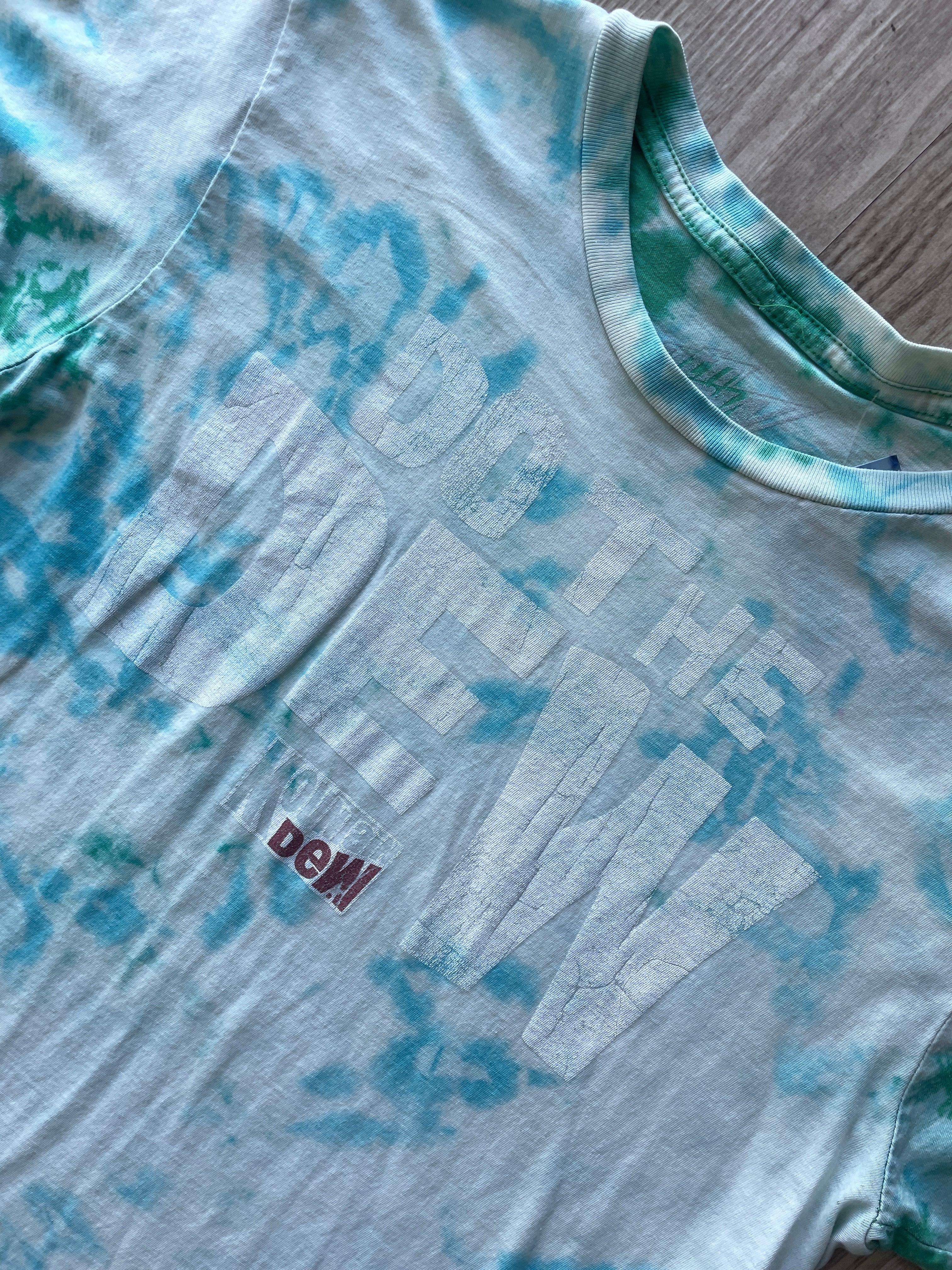 MEDIUM Men’s Mountain Dew Handmade Bleach Dye Short Sleeve T-Shirt | One-Of-a-Kind Upcycled Green and White Crumpled Top