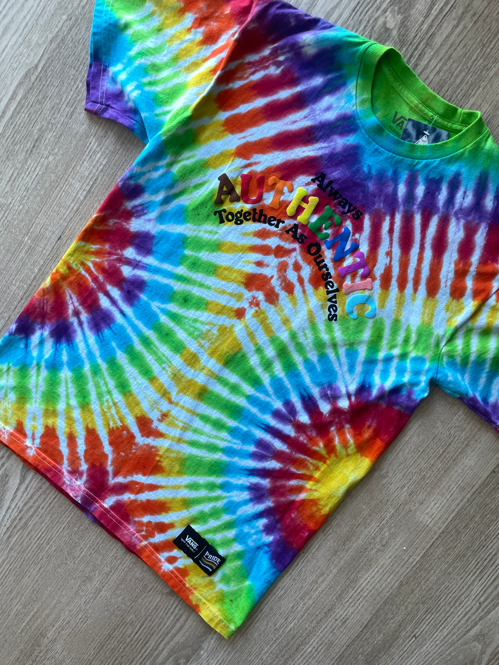 MEDIUM Men’s Vans Pride Authentic Together as Ourselves Handmade Tie Dye Short Sleeve T-Shirt | One-Of-a-Kind Upcycled Rainbow Pleated Top