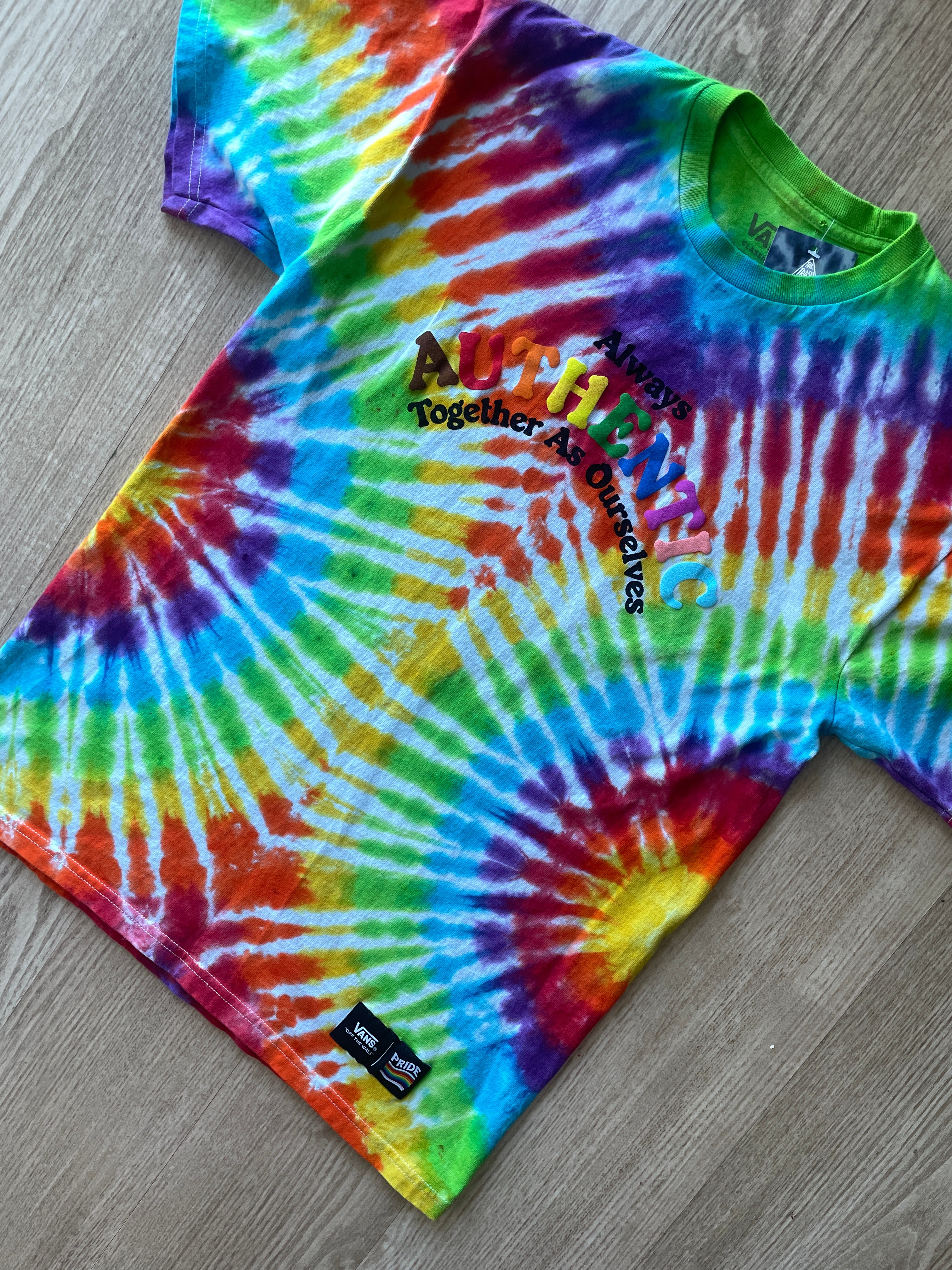 MEDIUM Men’s Vans Pride Authentic Together as Ourselves Handmade Tie Dye Short Sleeve T-Shirt | One-Of-a-Kind Upcycled Rainbow Pleated Top