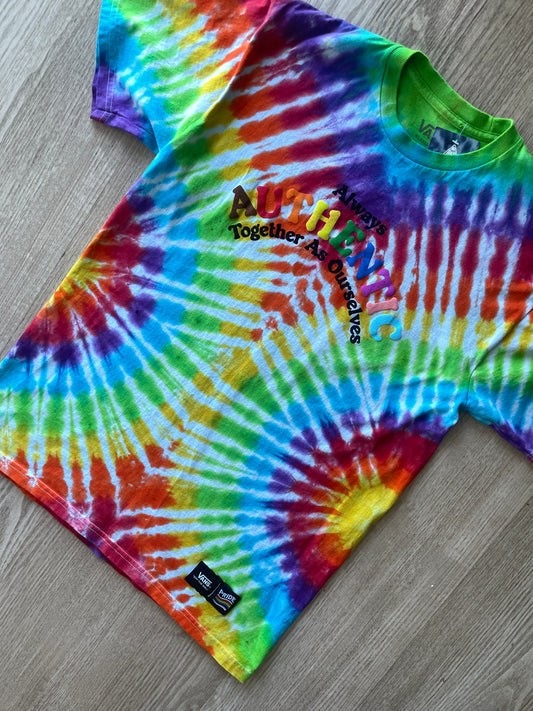 MEDIUM Men’s Vans Pride Authentic Together as Ourselves Handmade Tie Dye Short Sleeve T-Shirt | One-Of-a-Kind Upcycled Rainbow Pleated Top