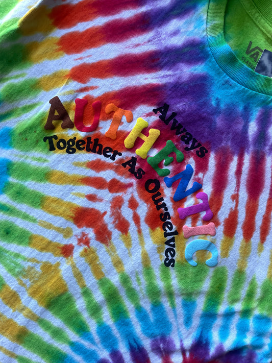 MEDIUM Men’s Vans Pride Authentic Together as Ourselves Handmade Tie Dye Short Sleeve T-Shirt | One-Of-a-Kind Upcycled Rainbow Pleated Top