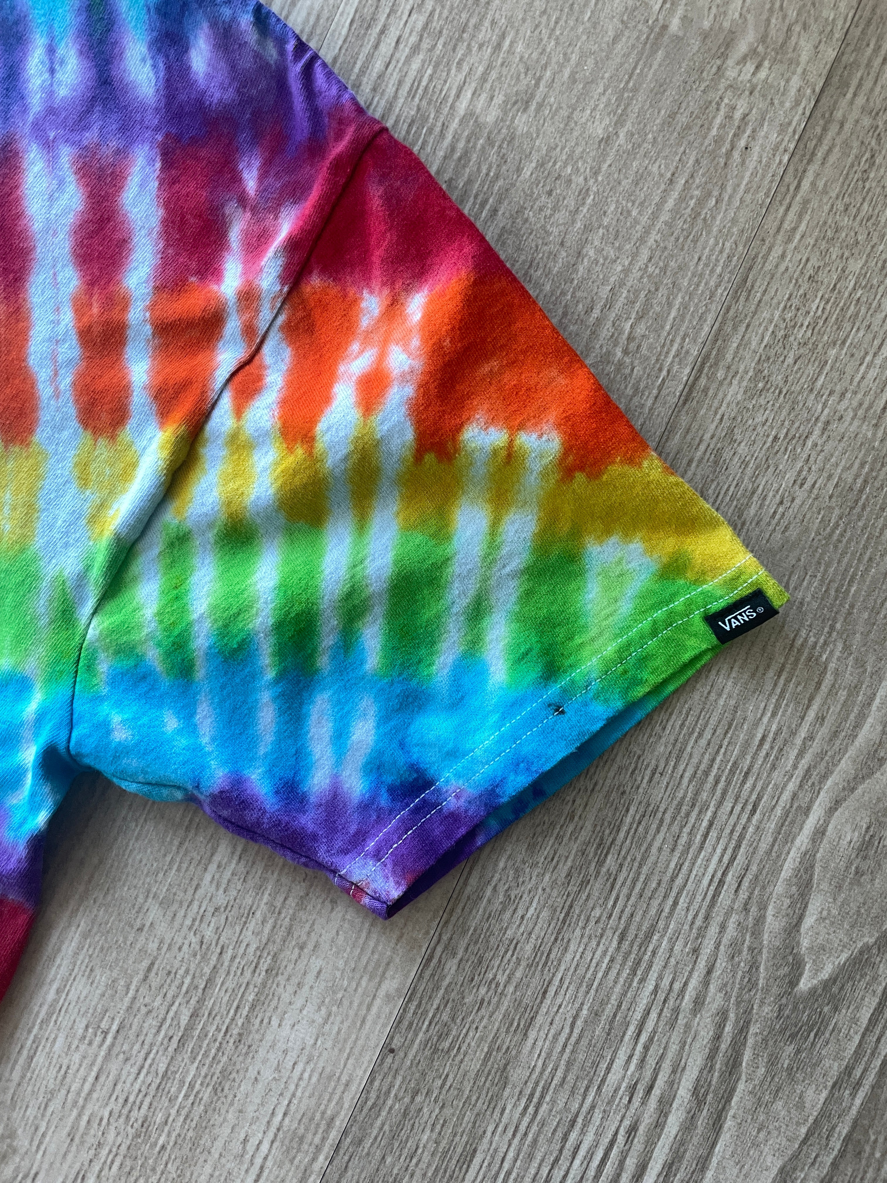 MEDIUM Men’s Vans Pride Authentic Together as Ourselves Handmade Tie Dye Short Sleeve T-Shirt | One-Of-a-Kind Upcycled Rainbow Pleated Top