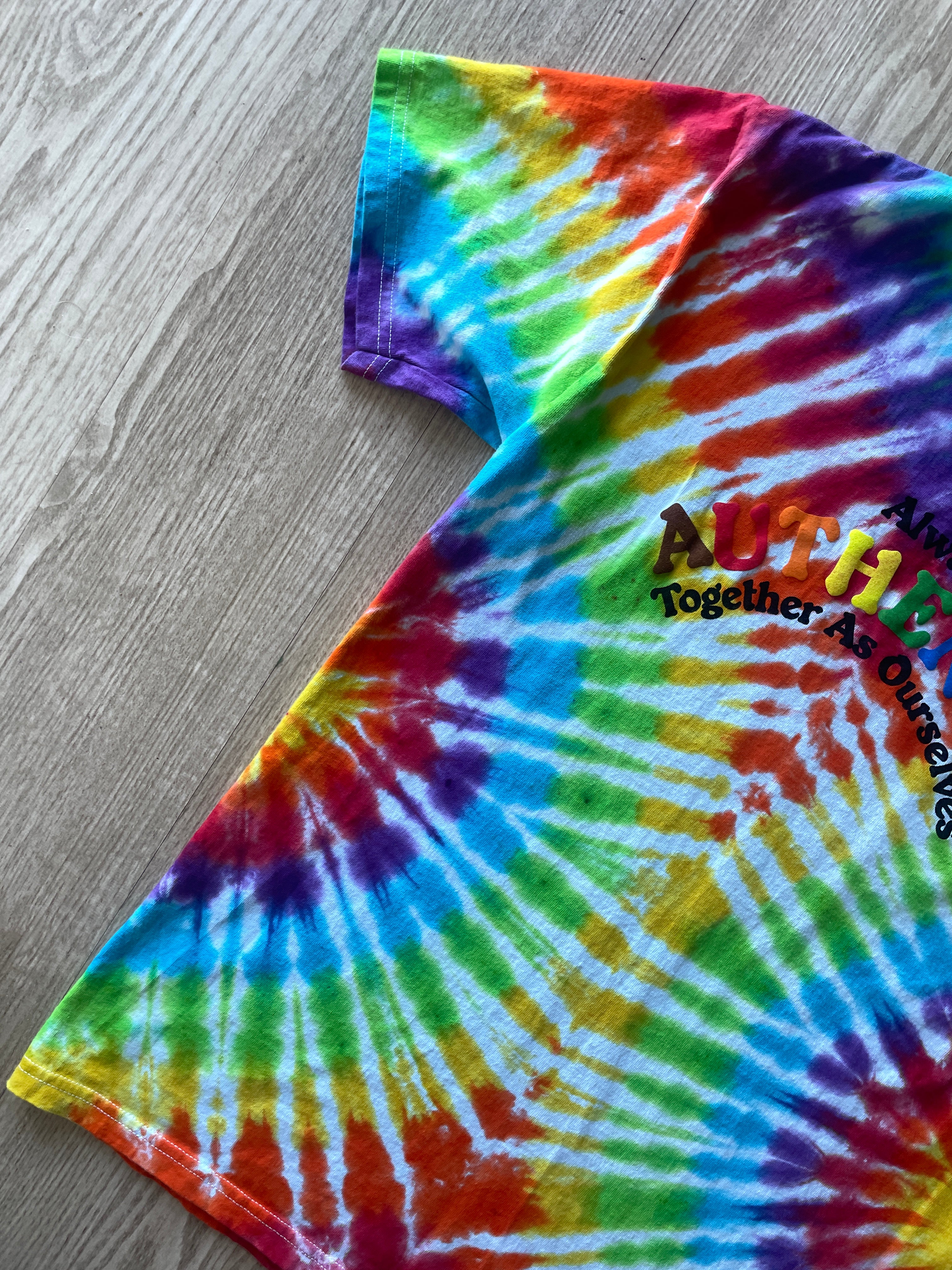 MEDIUM Men’s Vans Pride Authentic Together as Ourselves Handmade Tie Dye Short Sleeve T-Shirt | One-Of-a-Kind Upcycled Rainbow Pleated Top