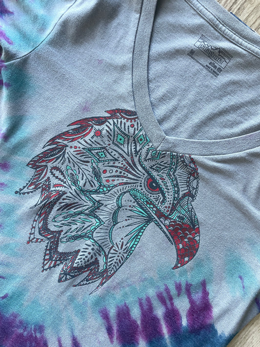 MEDIUM Women's Patagonia Eagle Handmade Tie Dye Short Sleeve V-Neck T-Shirt | One-Of-a-Kind Upcycled Blue and Green Top