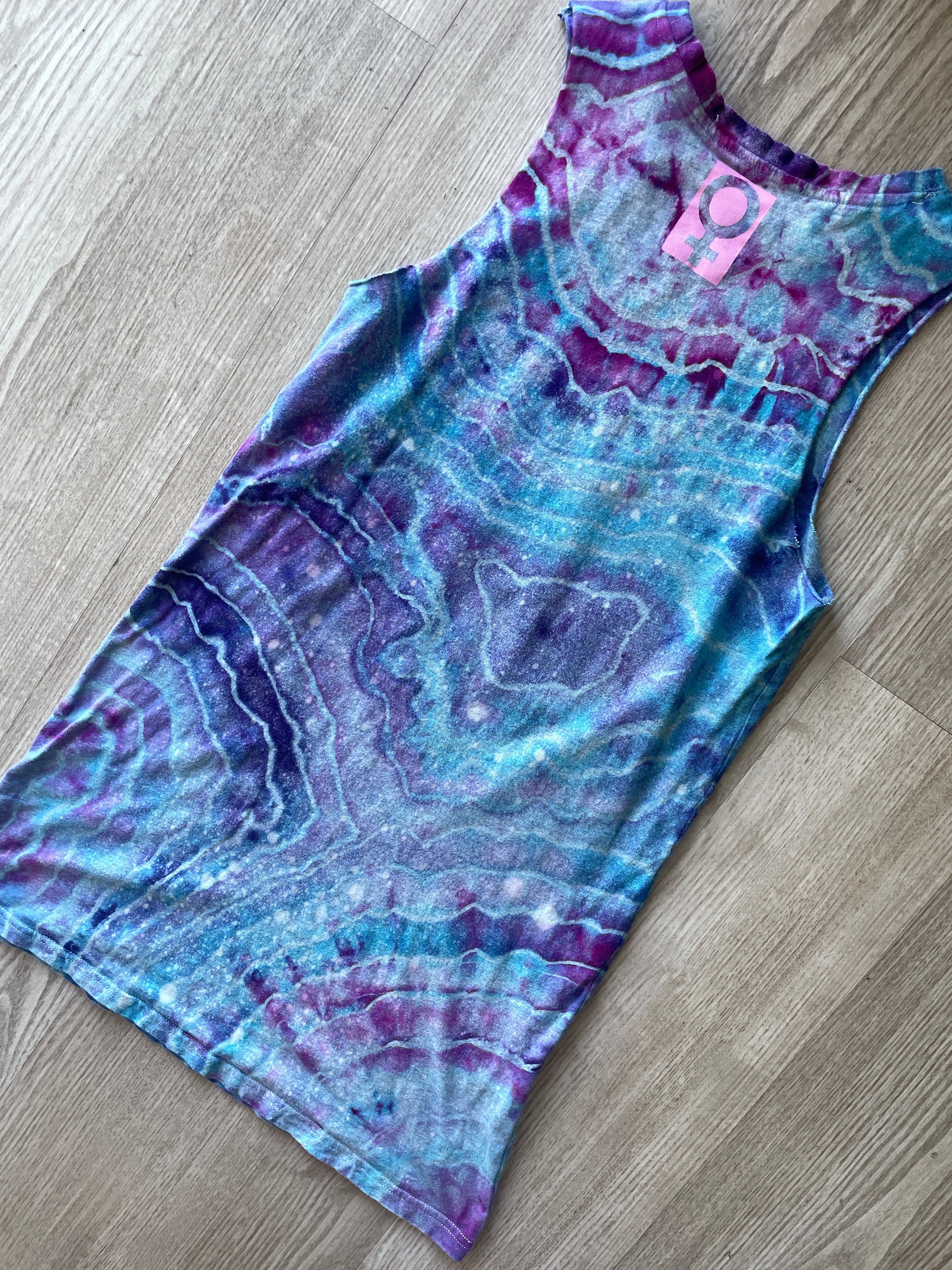 MEDIUM Women's Girls Unite Handmade Tie Dye Long-Line Tank Top Dress | One-Of-a-Kind Upcycled Blue and Purple Geode Sleeveless Top/Dress