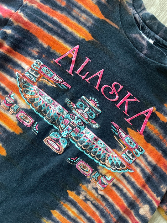 MEDIUM Men’s Vintage Alaska Totem Handmade Reverse Tie Dye Short Sleeve T-Shirt | One-Of-a-Kind Upcycled Black and Red Pleated Top