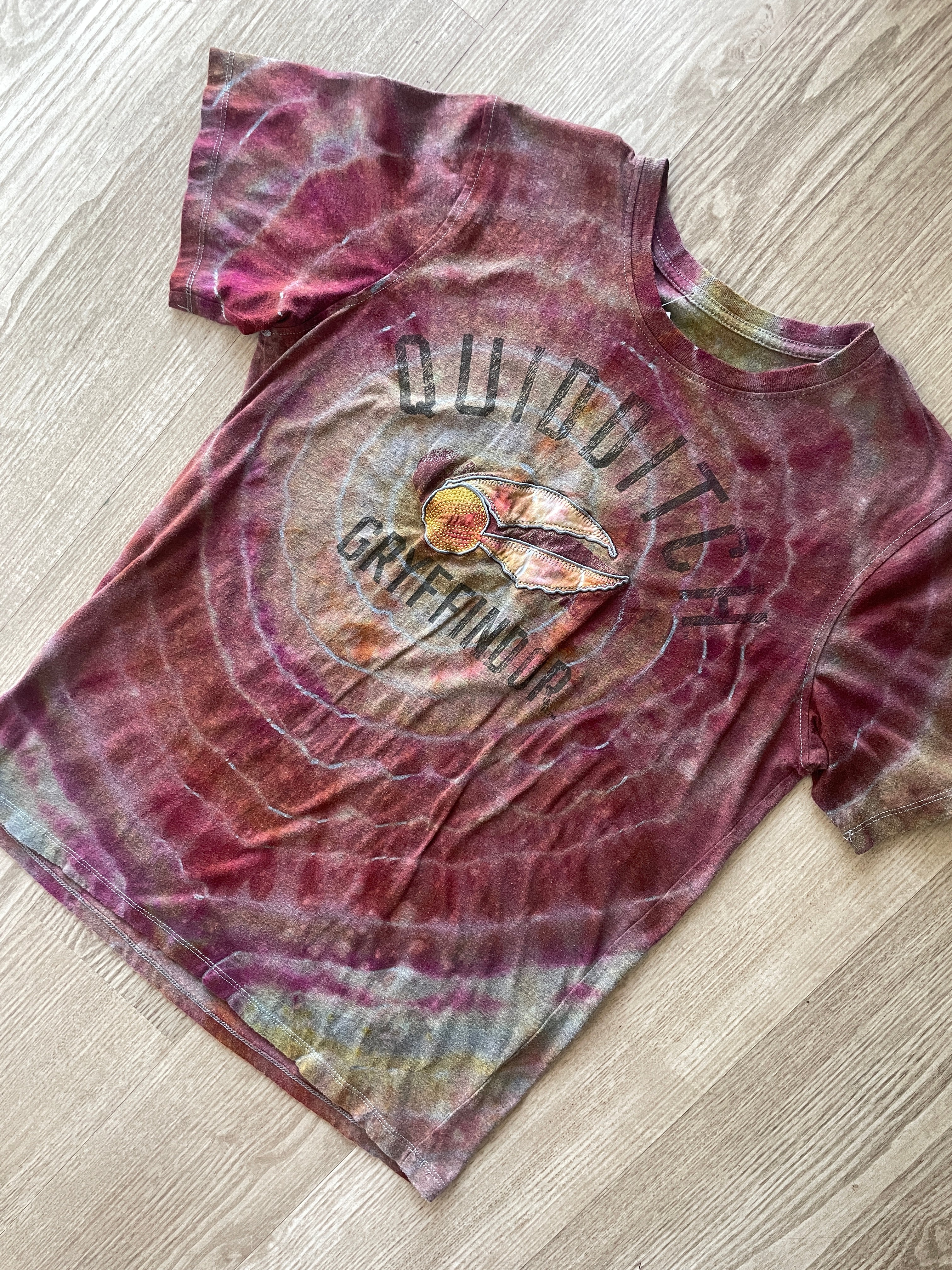 MEDIUM Men’s Harry Potter Gryffindor Quidditch Handmade Tie Dye Short Sleeve T-Shirt | One-Of-a-Kind Upcycled Red and Yellow Geode Top