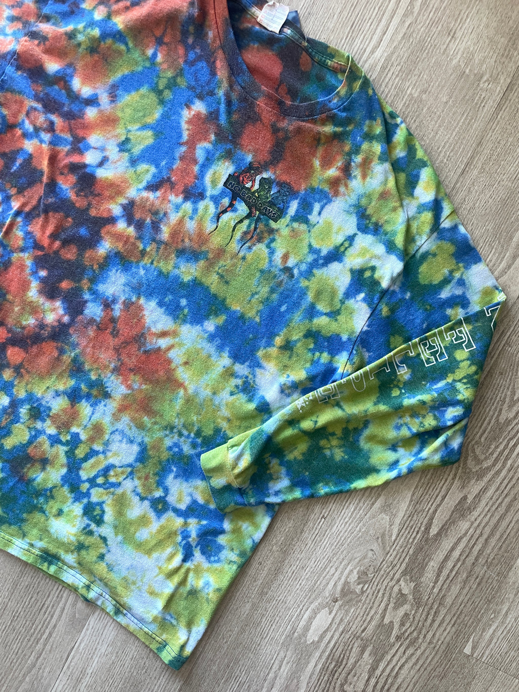 2XL Men's No Bad Days Lizard San Felipe MX Handmade Reverse Tie Dye Long Sleeve Sleeve T-Shirt | One-Of-a-Kind Upcycled Orange and Green Top