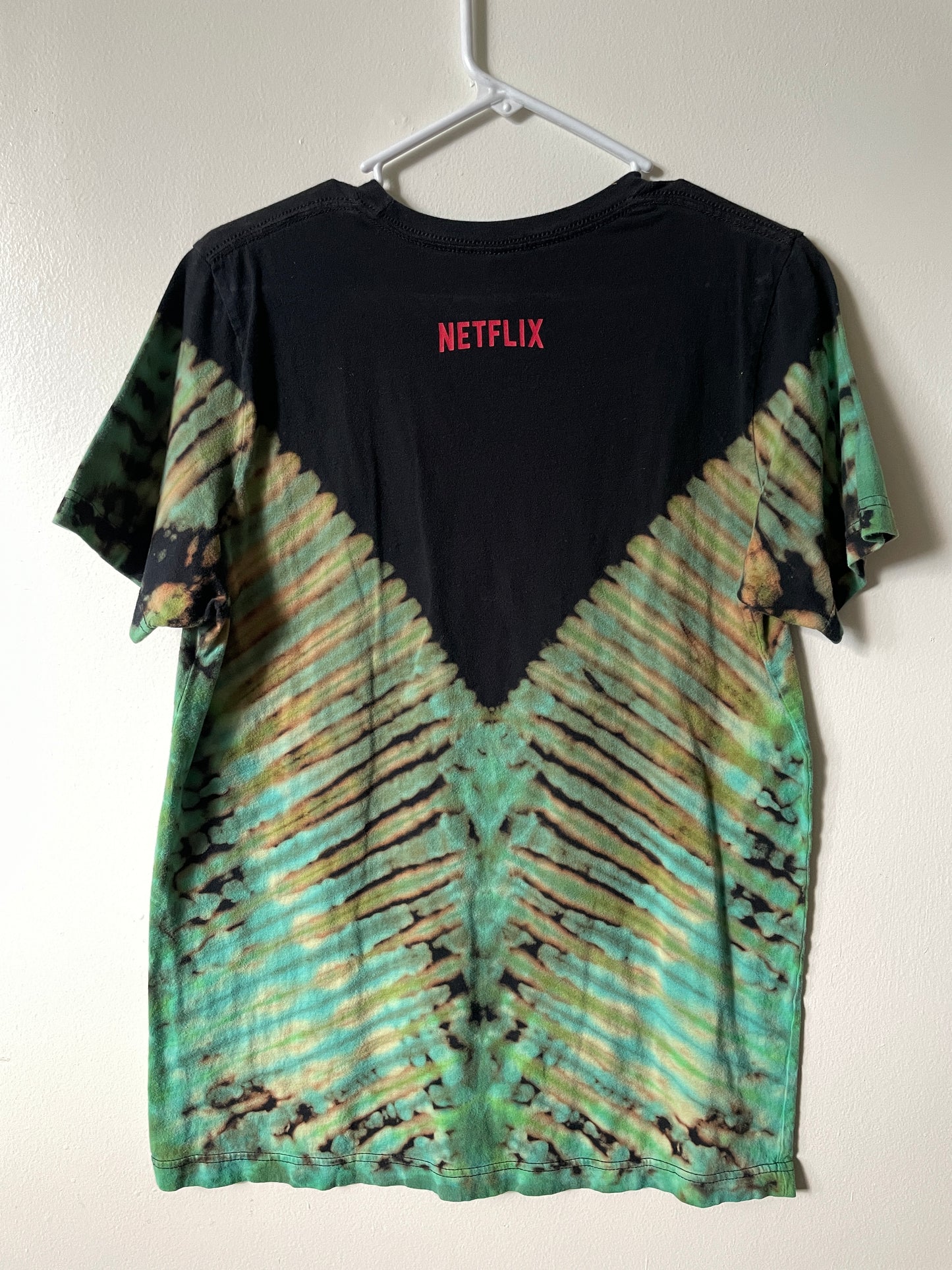 Medium Men's Billy Hargrove Stranger Things Handmade Reverse Tie Dye Short Sleeve T-Shirt | One-Of-a-Kind Upcycled Black and Green V-Pleated Tie Dye Top