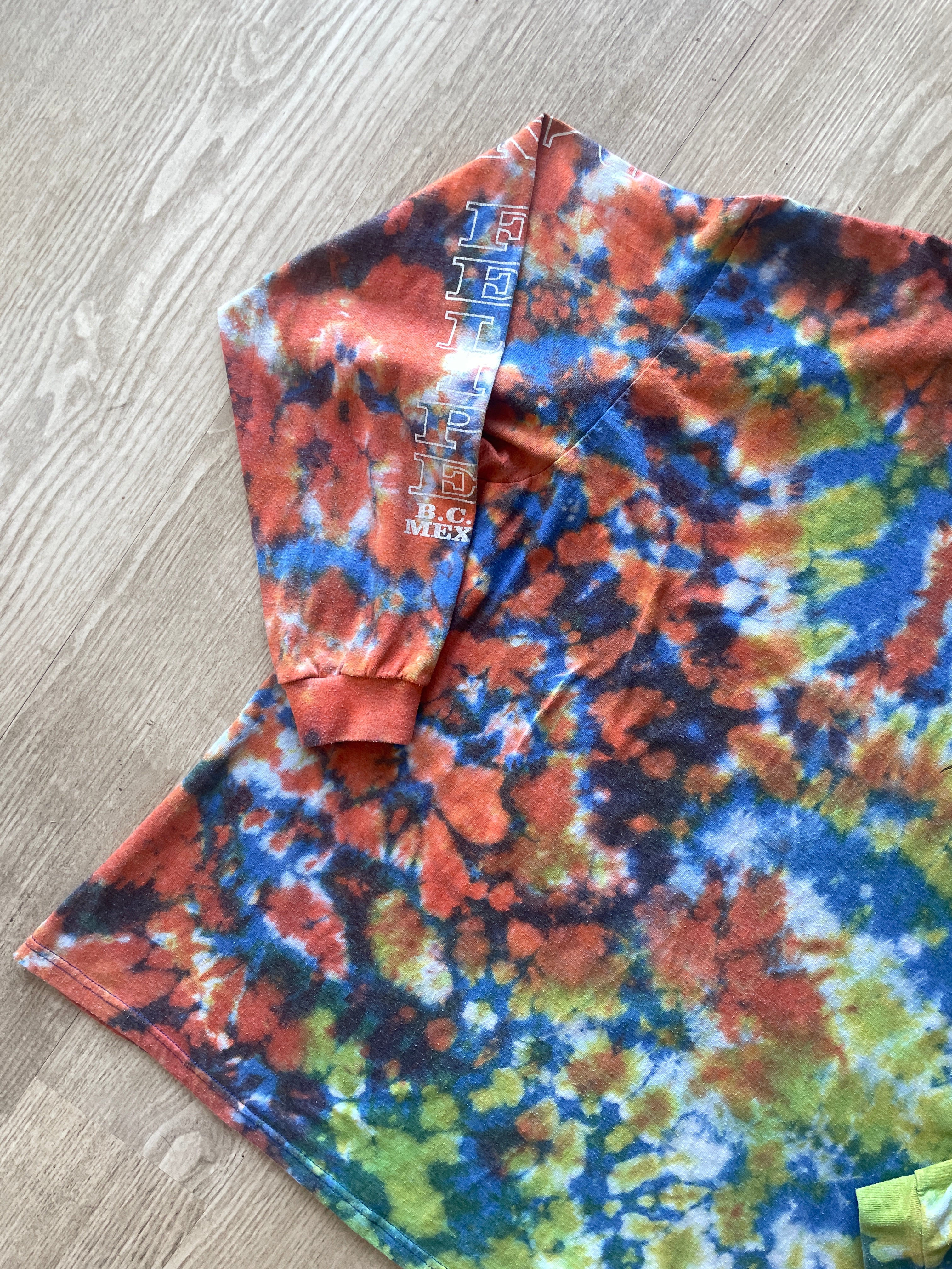 2XL Men's No Bad Days Lizard San Felipe MX Handmade Reverse Tie Dye Long Sleeve Sleeve T-Shirt | One-Of-a-Kind Upcycled Orange and Green Top