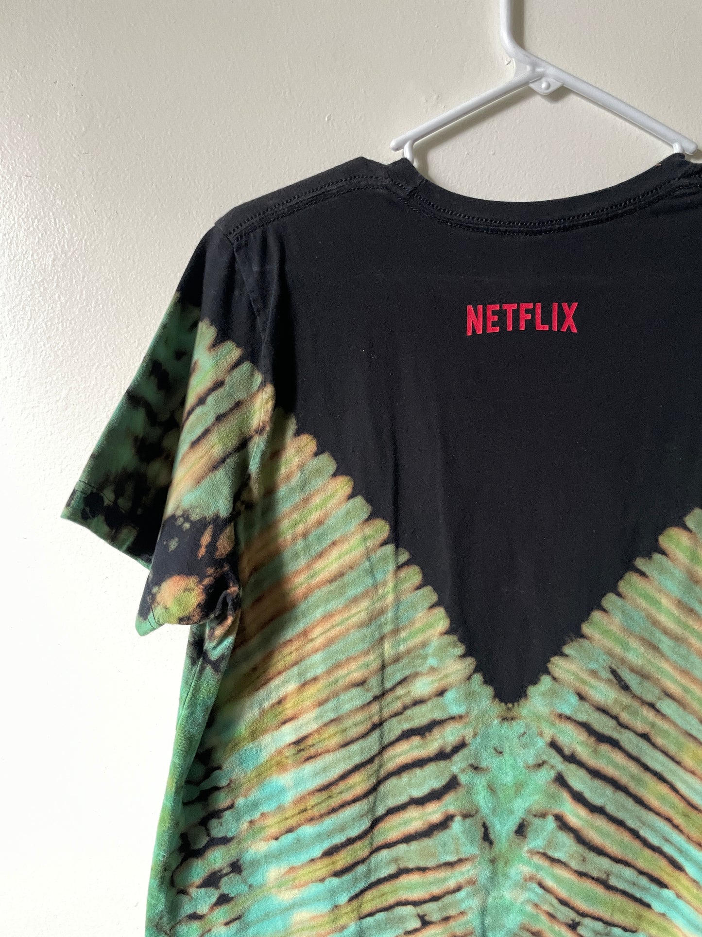 Medium Men's Billy Hargrove Stranger Things Handmade Reverse Tie Dye Short Sleeve T-Shirt | One-Of-a-Kind Upcycled Black and Green V-Pleated Tie Dye Top