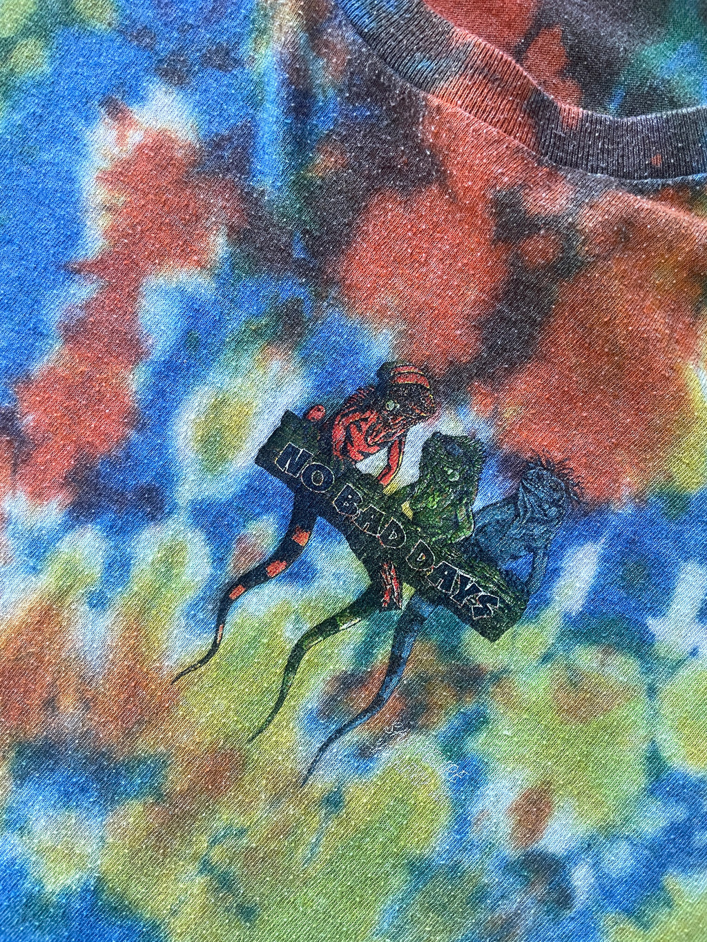 2XL Men's No Bad Days Lizard San Felipe MX Handmade Reverse Tie Dye Long Sleeve Sleeve T-Shirt | One-Of-a-Kind Upcycled Orange and Green Top