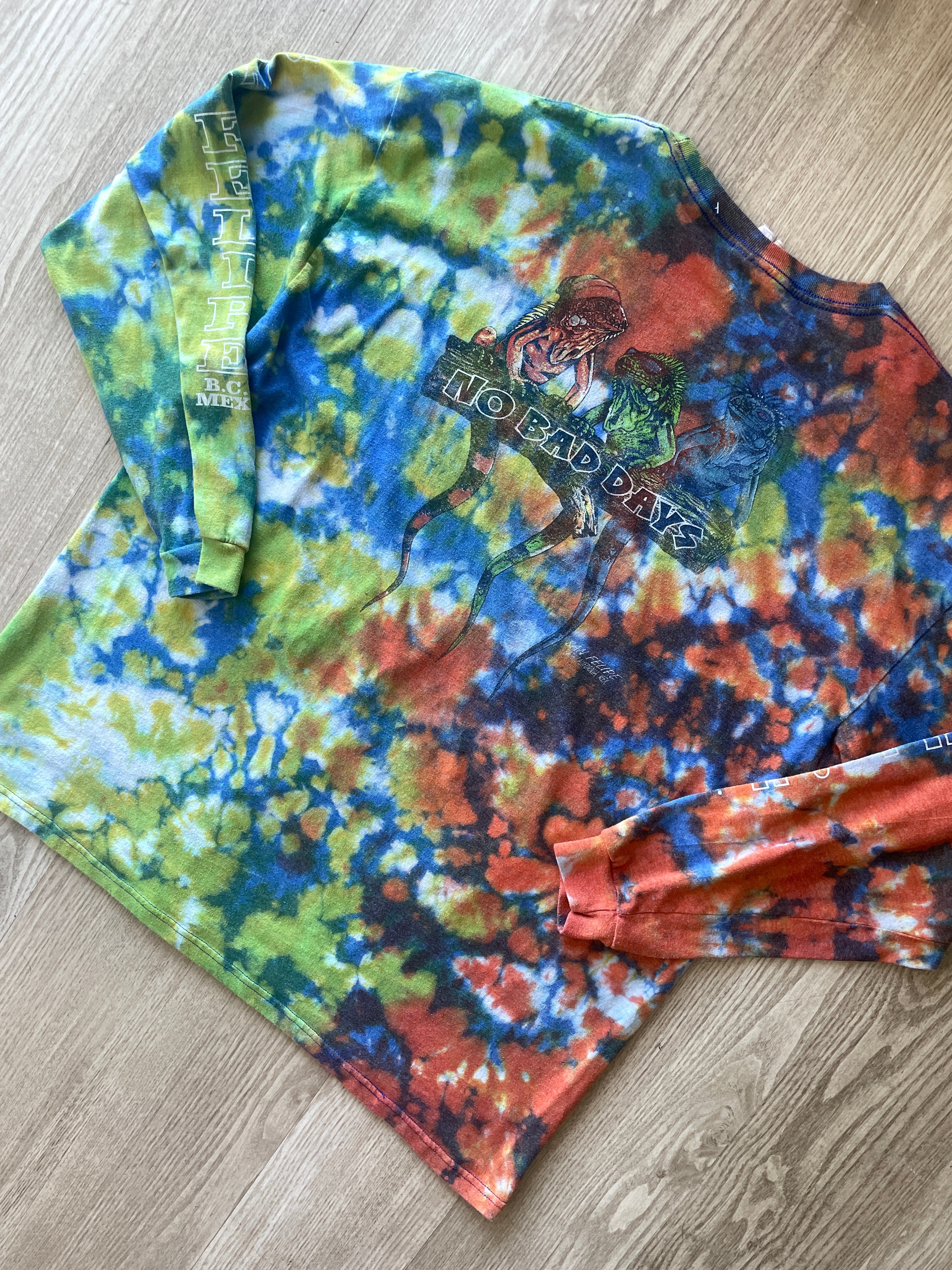 2XL Men's No Bad Days Lizard San Felipe MX Handmade Reverse Tie Dye Long Sleeve Sleeve T-Shirt | One-Of-a-Kind Upcycled Orange and Green Top