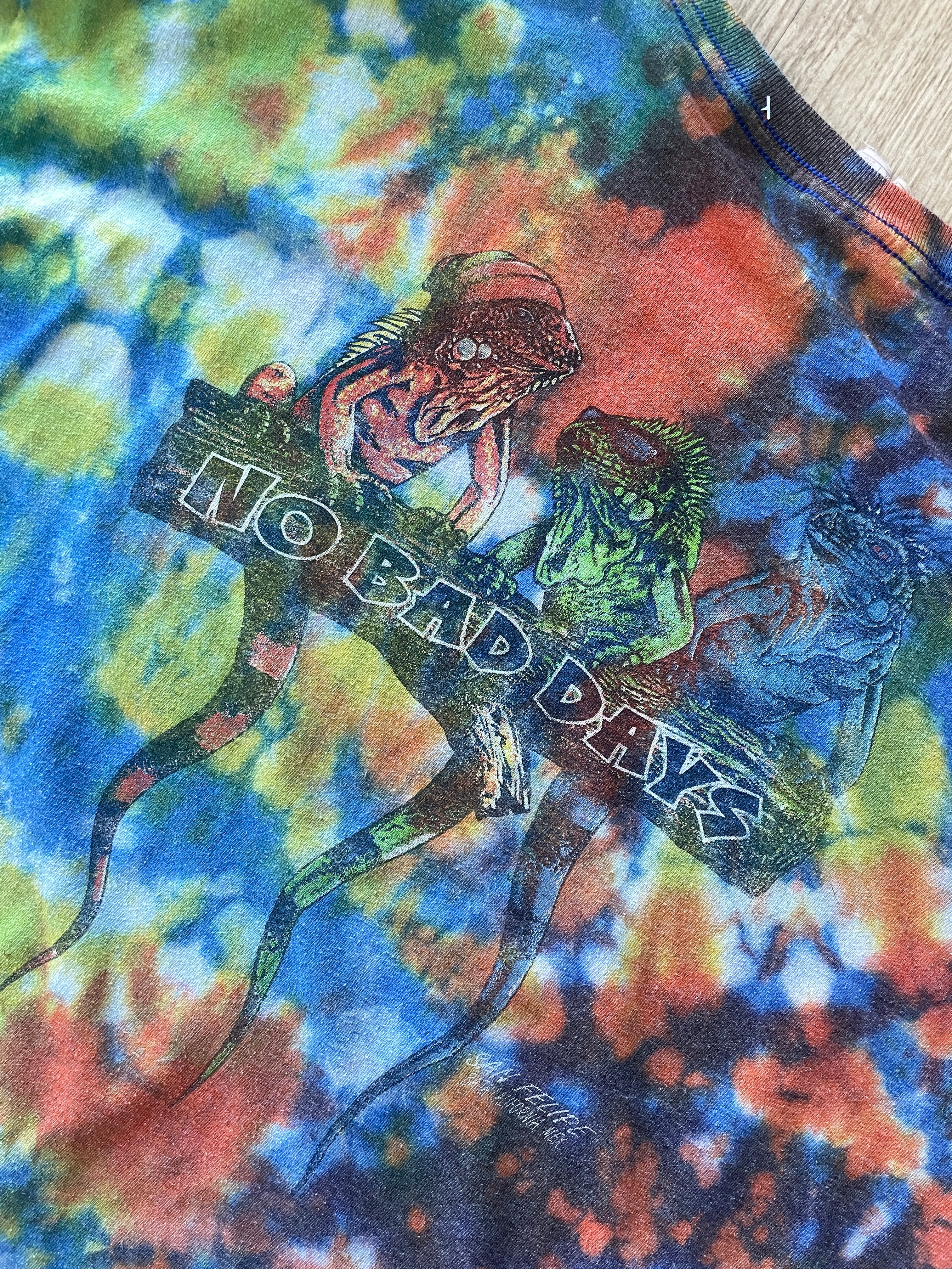 2XL Men's No Bad Days Lizard San Felipe MX Handmade Reverse Tie Dye Long Sleeve Sleeve T-Shirt | One-Of-a-Kind Upcycled Orange and Green Top