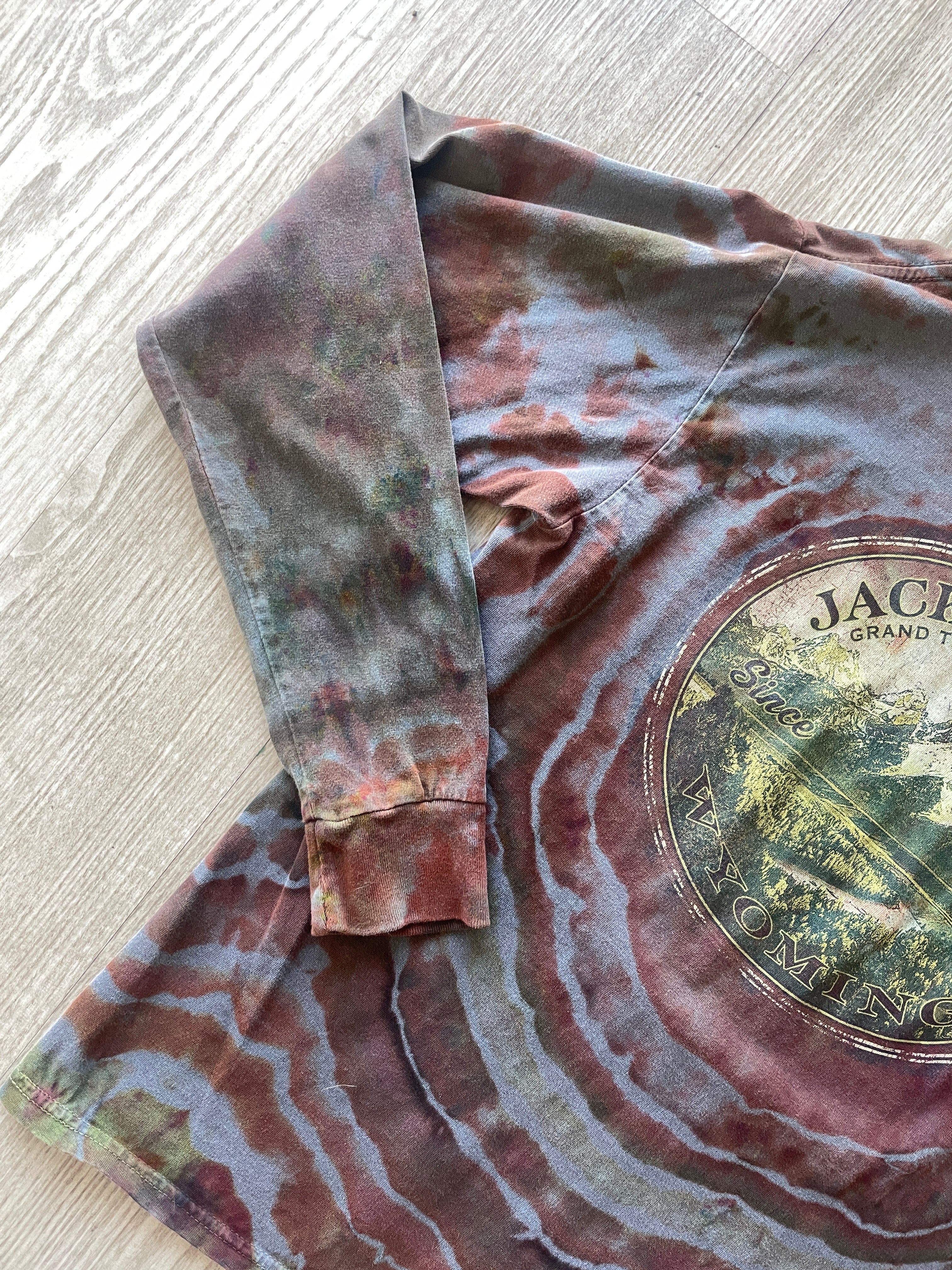 SMALL Men's Jackson Hole, WY Handmade Tie Dye Long Sleeve Sleeve T-Shirt | One-Of-a-Kind Upcycled Gray, Brown, and Orange Earthy Geode Top