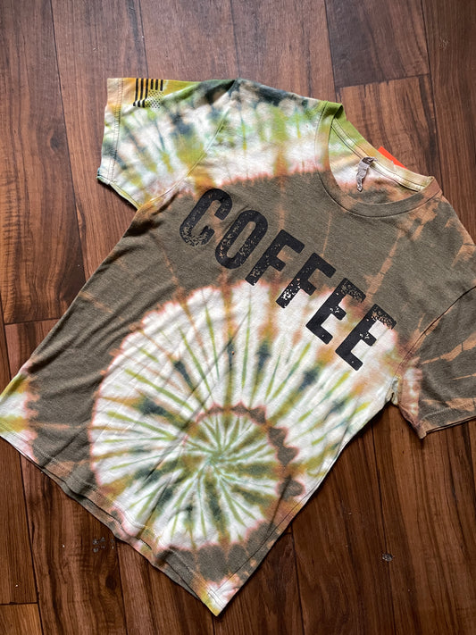 Medium Men's Black Rifle COFFEE Company Handmade Reverse Tie Dye Short Sleeve T-Shirt | One-Of-a-Kind Upcycled Brown and Green Spiral Tie Dye Top
