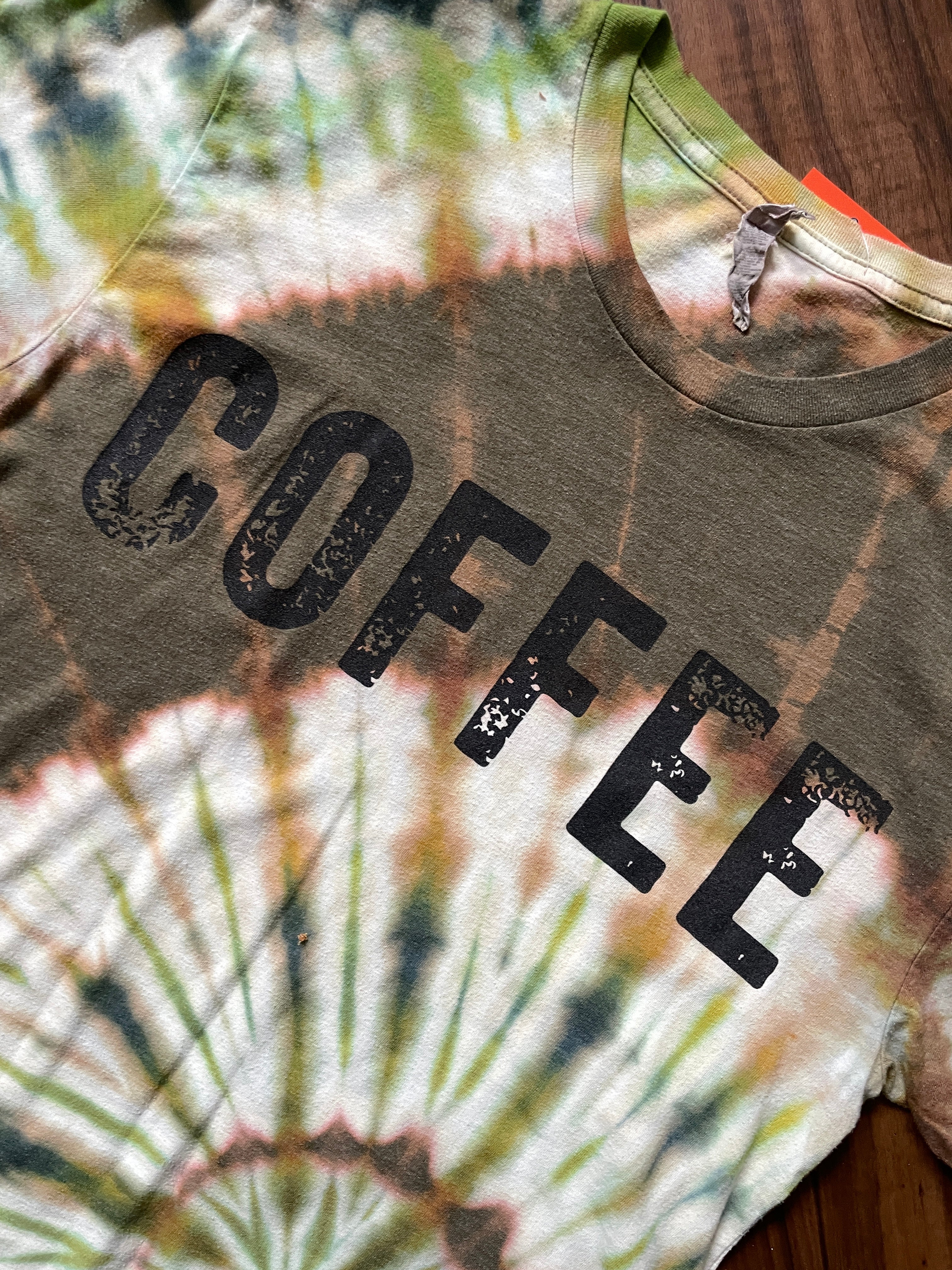Medium Men's Black Rifle COFFEE Company Handmade Reverse Tie Dye Short Sleeve T-Shirt | One-Of-a-Kind Upcycled Brown and Green Spiral Tie Dye Top