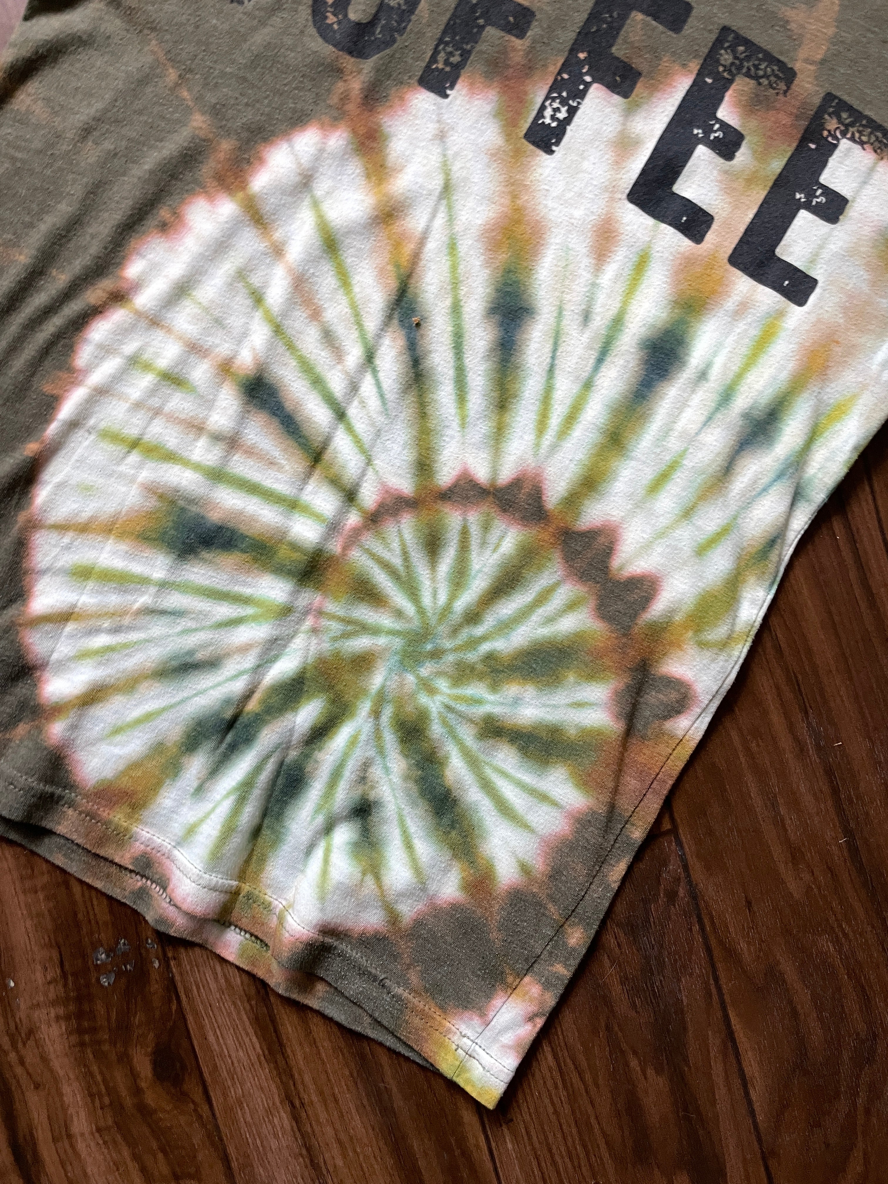 Medium Men's Black Rifle COFFEE Company Handmade Reverse Tie Dye Short Sleeve T-Shirt | One-Of-a-Kind Upcycled Brown and Green Spiral Tie Dye Top