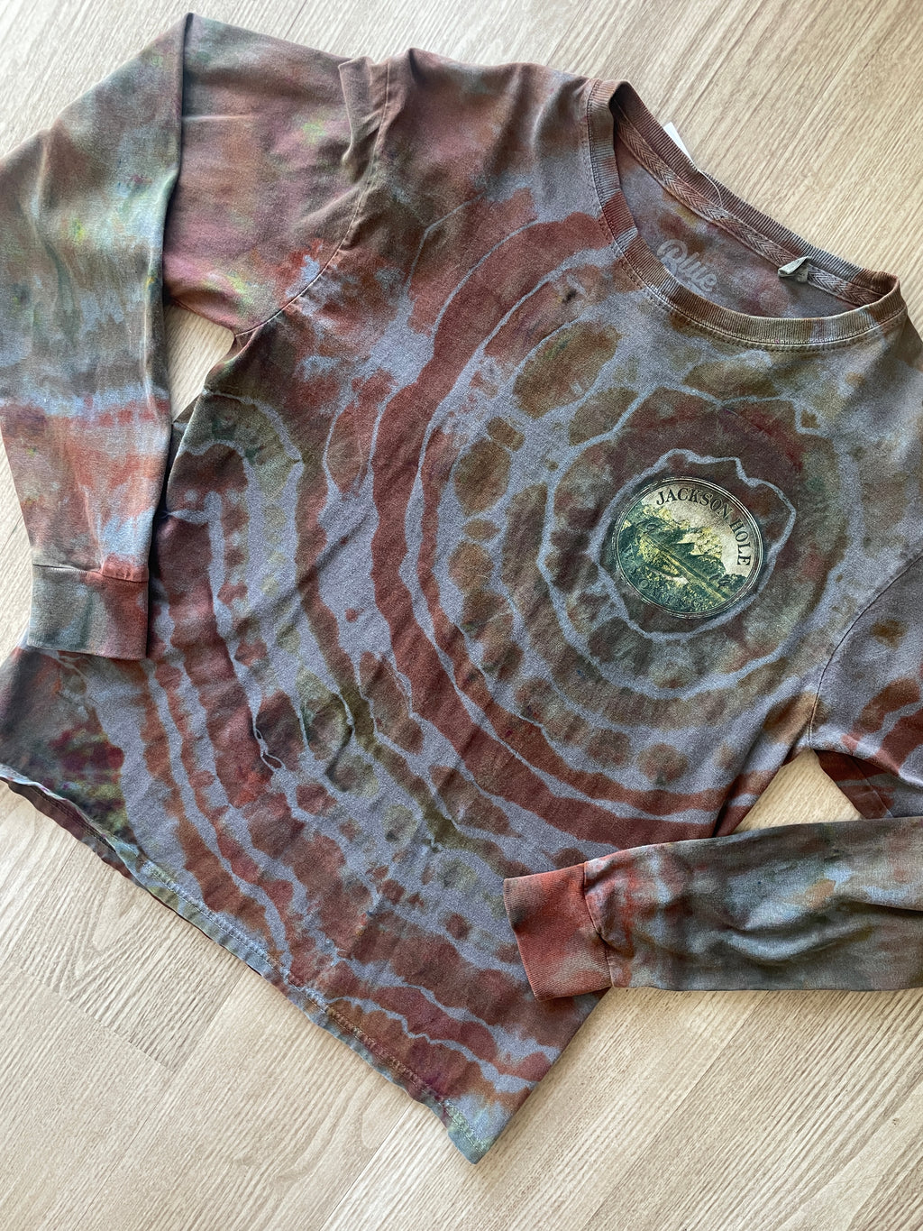SMALL Men's Jackson Hole, WY Handmade Tie Dye Long Sleeve Sleeve T-Shirt | One-Of-a-Kind Upcycled Gray, Brown, and Orange Earthy Geode Top