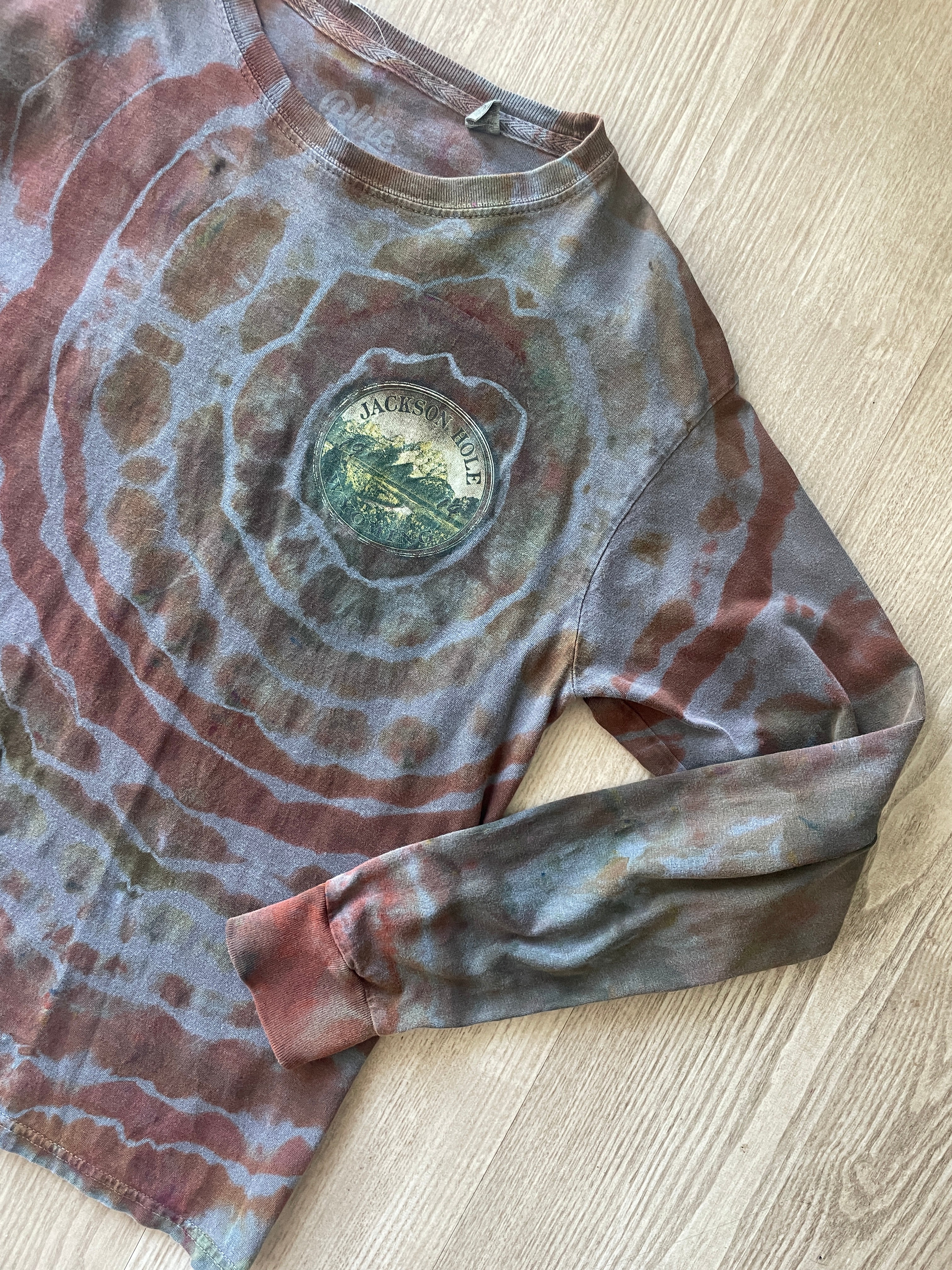 SMALL Men's Jackson Hole, WY Handmade Tie Dye Long Sleeve Sleeve T-Shirt | One-Of-a-Kind Upcycled Gray, Brown, and Orange Earthy Geode Top
