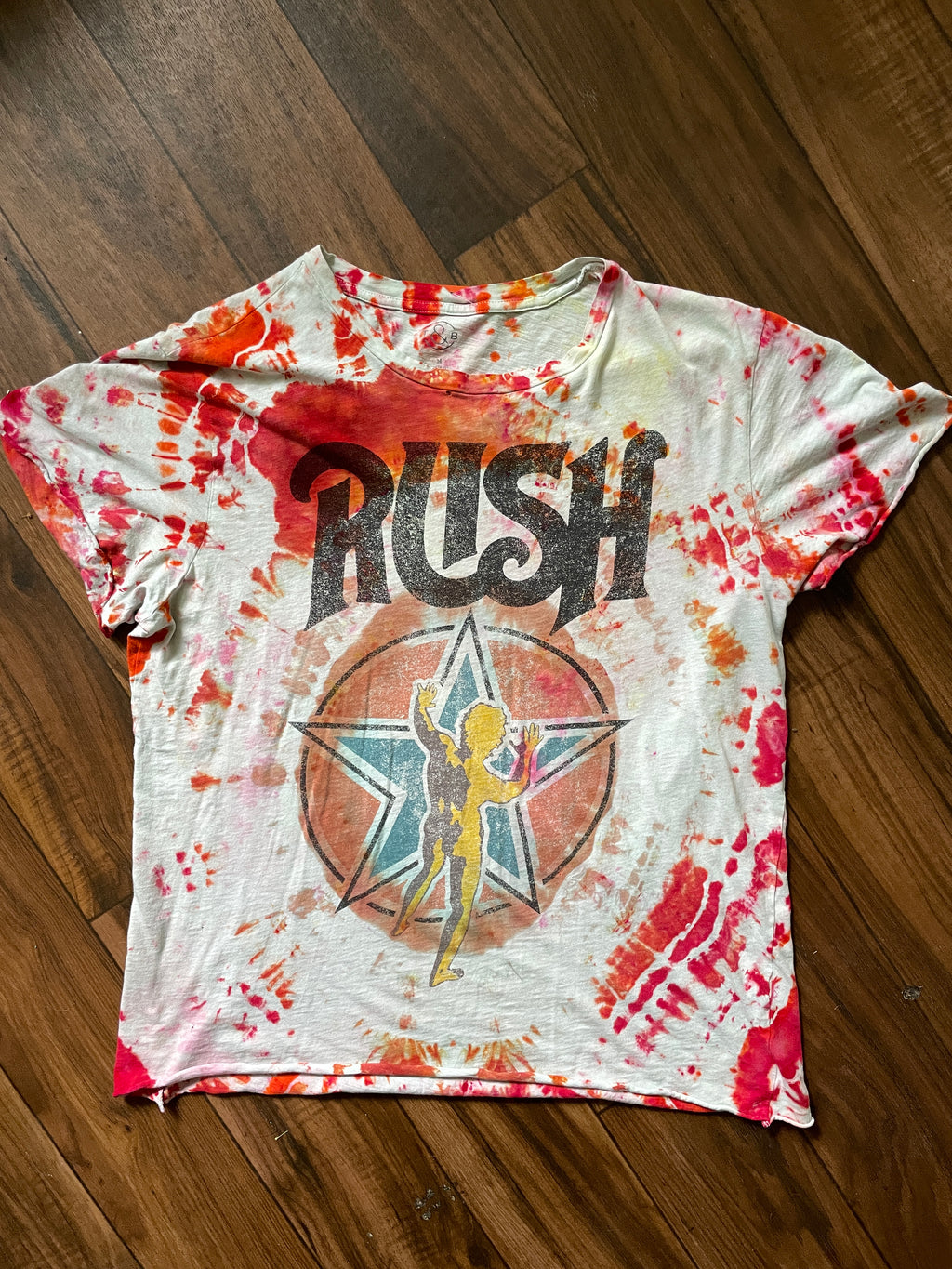 Medium Unisex RUSH Starman Logo Handmade Tie Dye Short Sleeve T-Shirt | One-Of-a-Kind Upcycled Red and White Geode Tie Dye Top