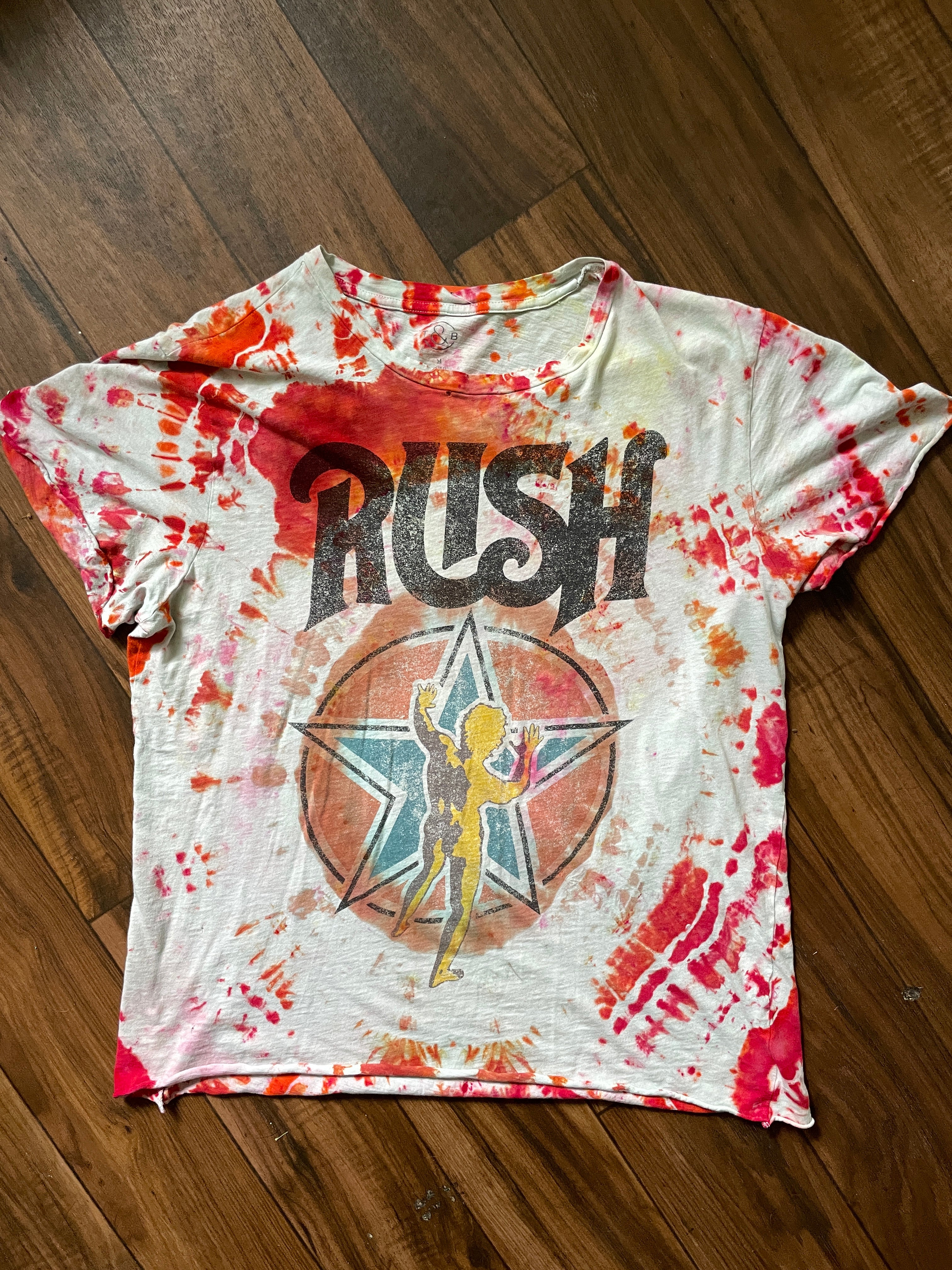 Medium Unisex RUSH Starman Logo Handmade Tie Dye Short Sleeve T-Shirt | One-Of-a-Kind Upcycled Red and White Geode Tie Dye Top