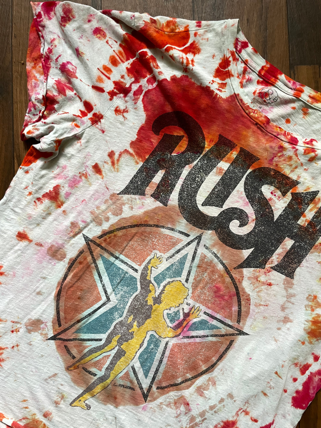 Medium Unisex RUSH Starman Logo Handmade Tie Dye Short Sleeve T-Shirt | One-Of-a-Kind Upcycled Red and White Geode Tie Dye Top