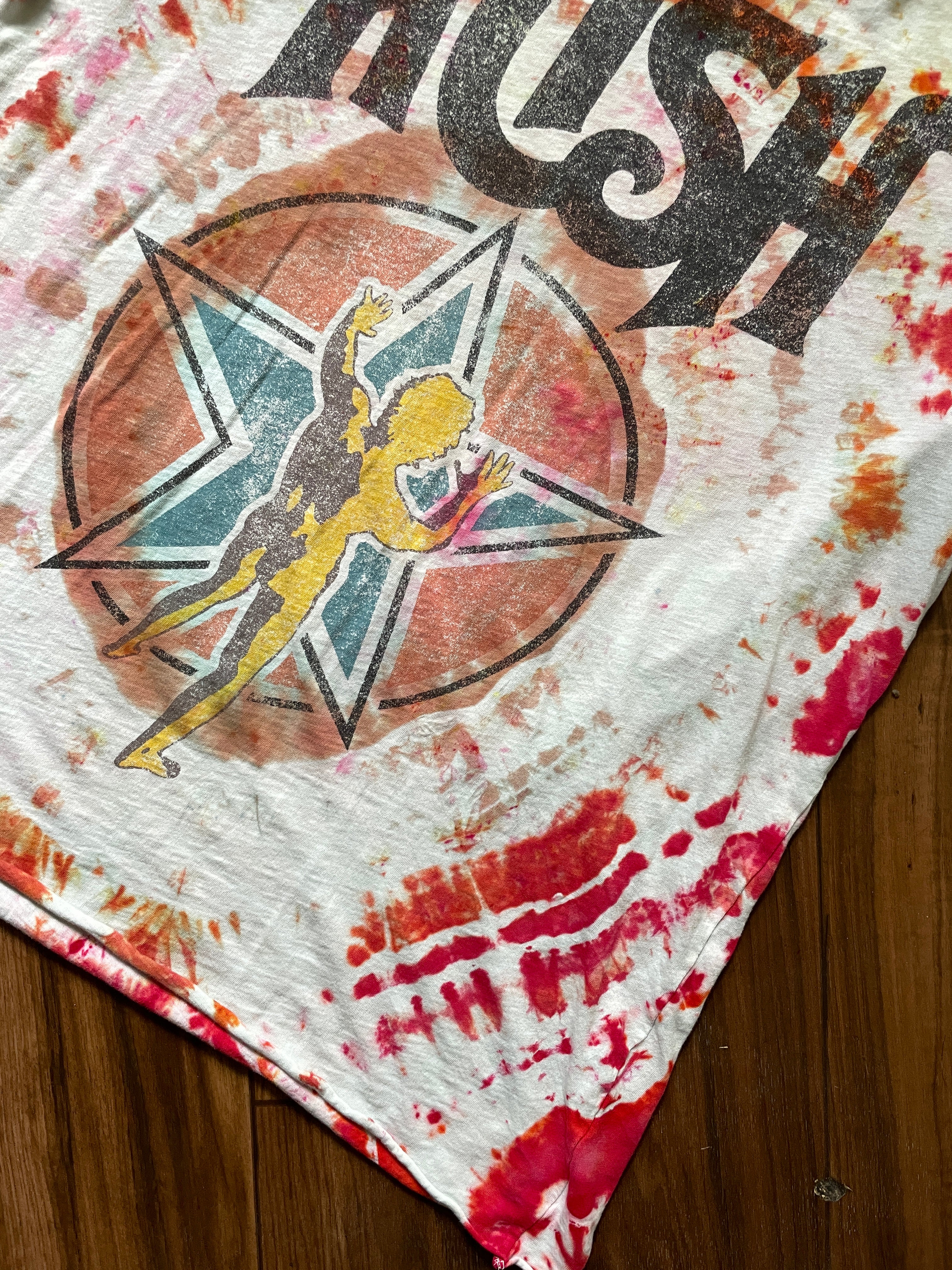 Medium Unisex RUSH Starman Logo Handmade Tie Dye Short Sleeve T-Shirt | One-Of-a-Kind Upcycled Red and White Geode Tie Dye Top