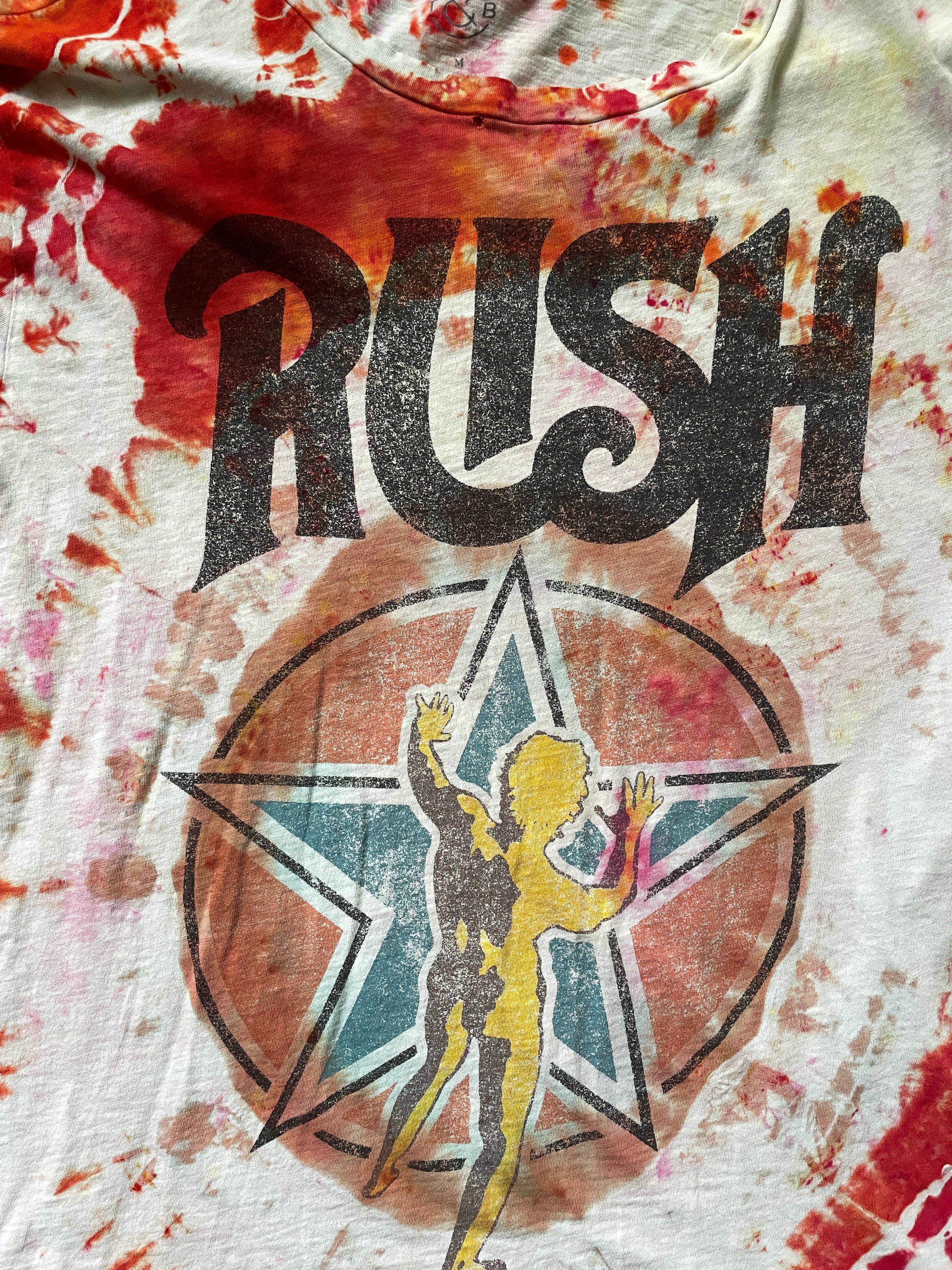 Medium Unisex RUSH Starman Logo Handmade Tie Dye Short Sleeve T-Shirt | One-Of-a-Kind Upcycled Red and White Geode Tie Dye Top
