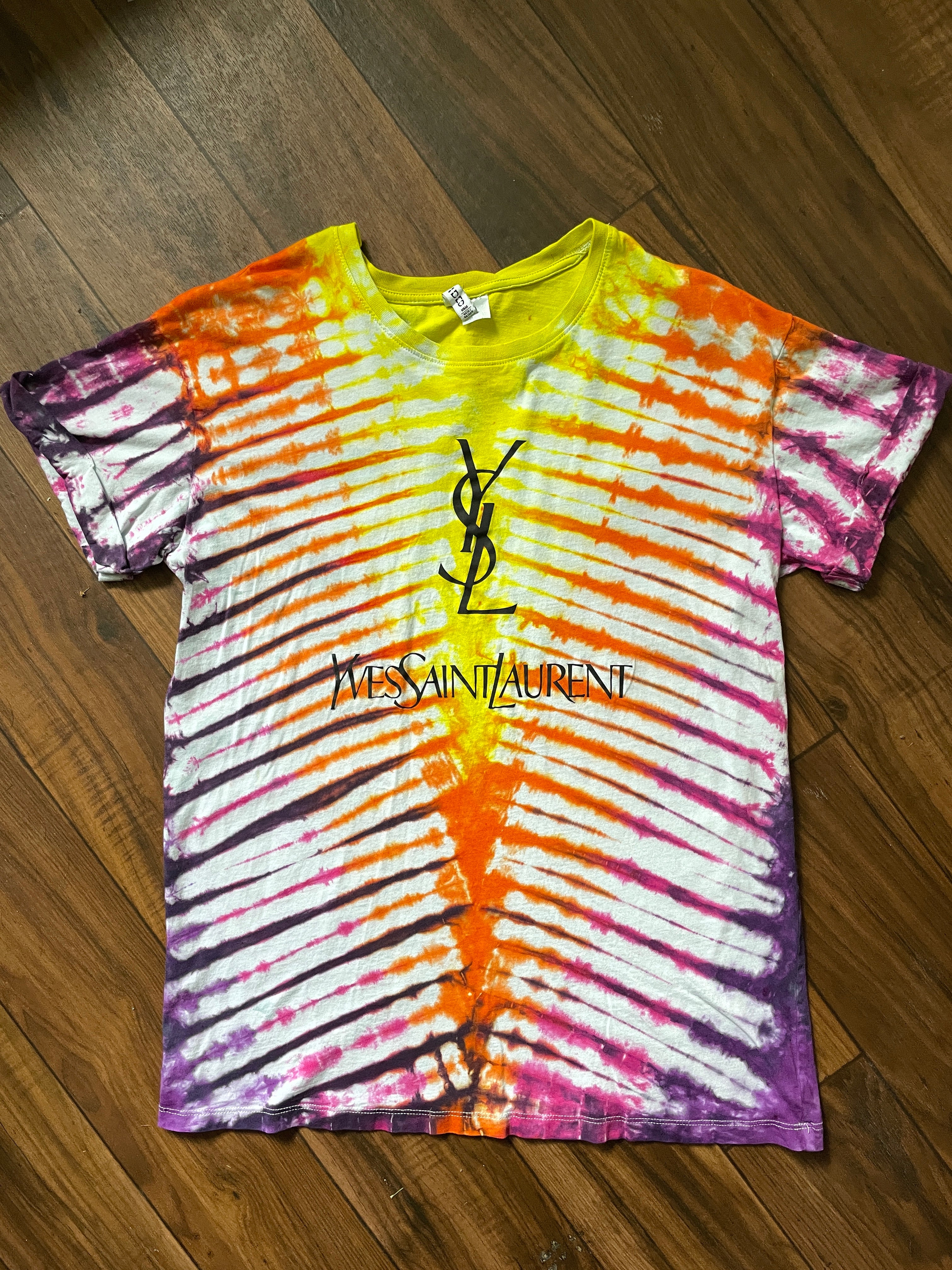 Medium Women's Yves Saint Laurent Handmade Tie Dye Short Sleeve T-Shirt | One-Of-a-Kind Upcycled Pink, Orange, and Yellow Pleated Tie Dye Top