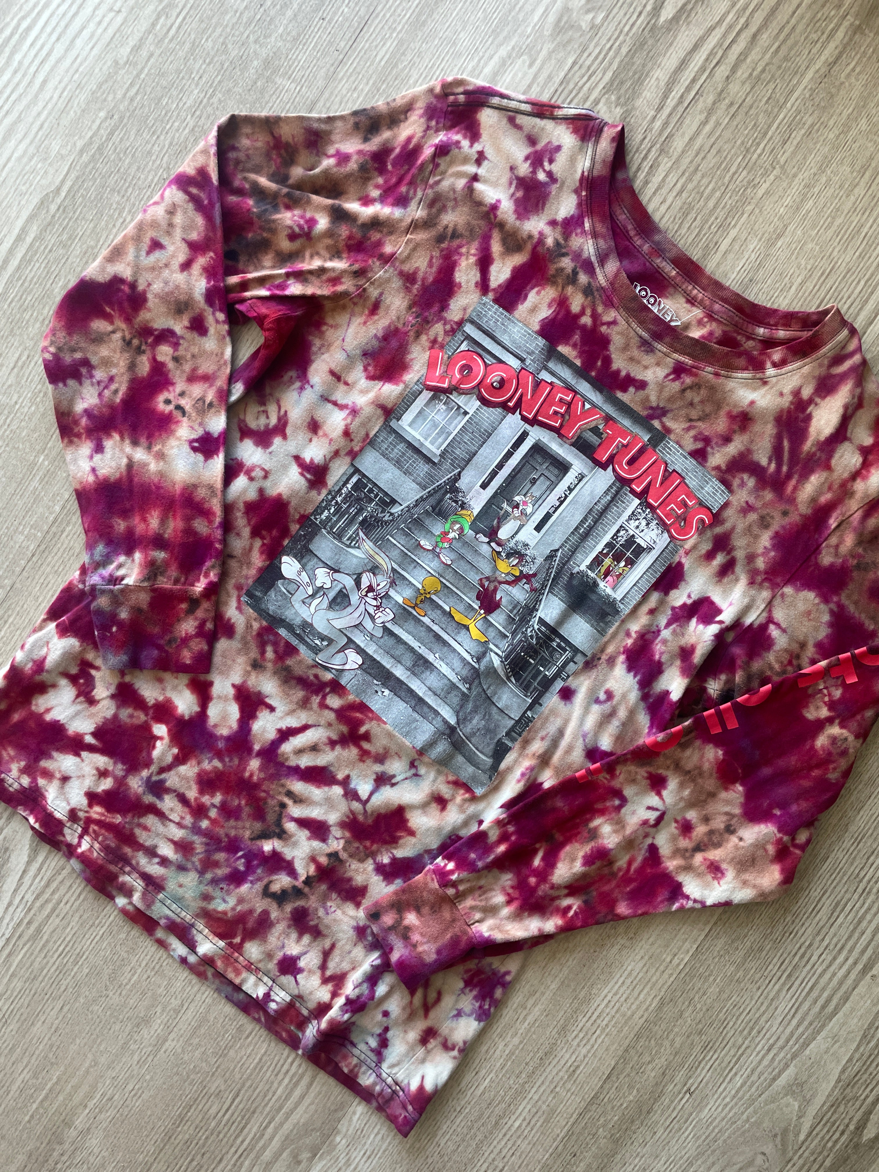 LARGE Men's Looney Tunes Front Stoop Handmade Reverse Tie Dye Long Sleeve Sleeve T-Shirt | One-Of-a-Kind Upcycled Black and Red Crumpled Top
