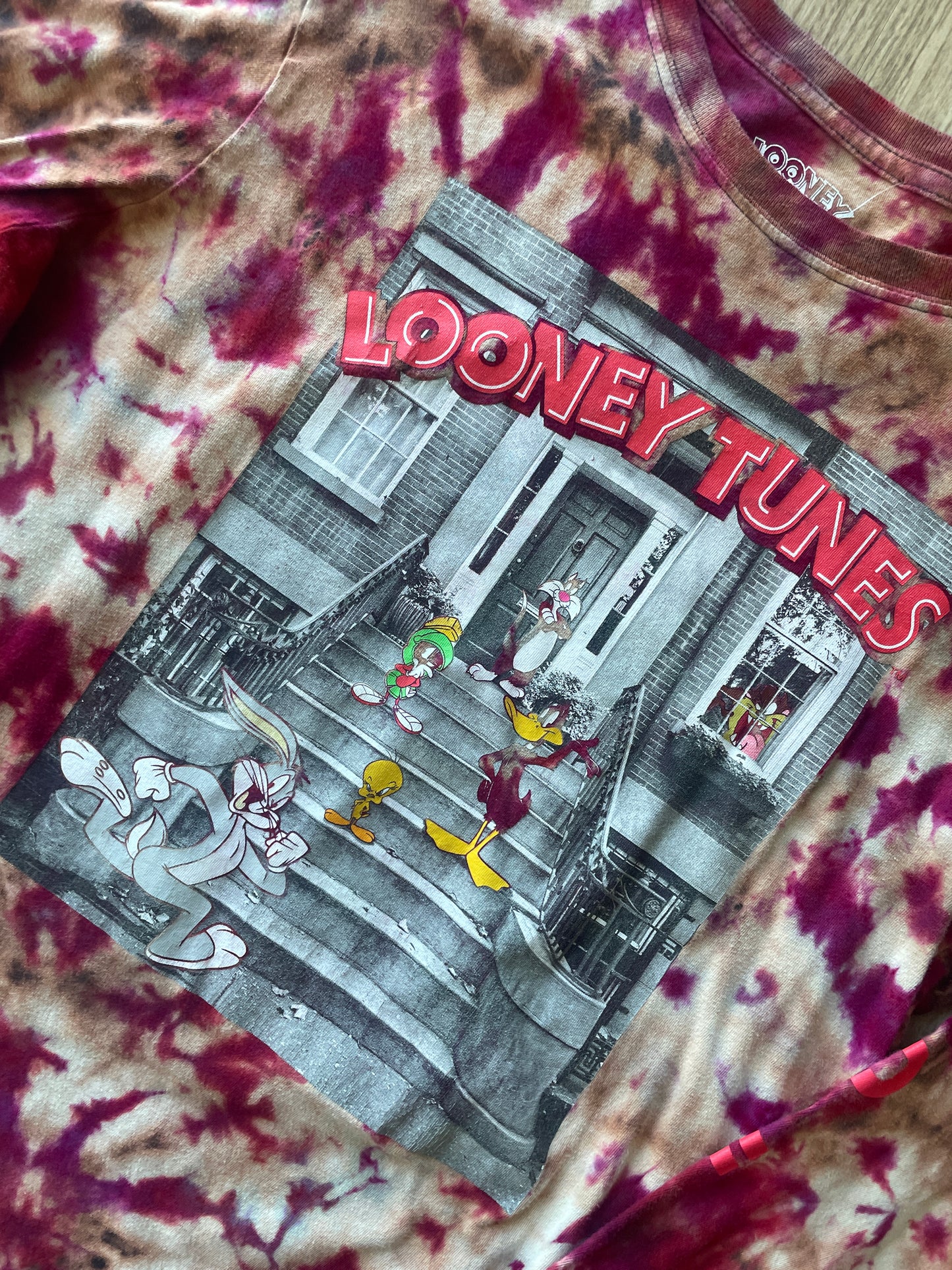 LARGE Men's Looney Tunes Front Stoop Handmade Reverse Tie Dye Long Sleeve Sleeve T-Shirt | One-Of-a-Kind Upcycled Black and Red Crumpled Top