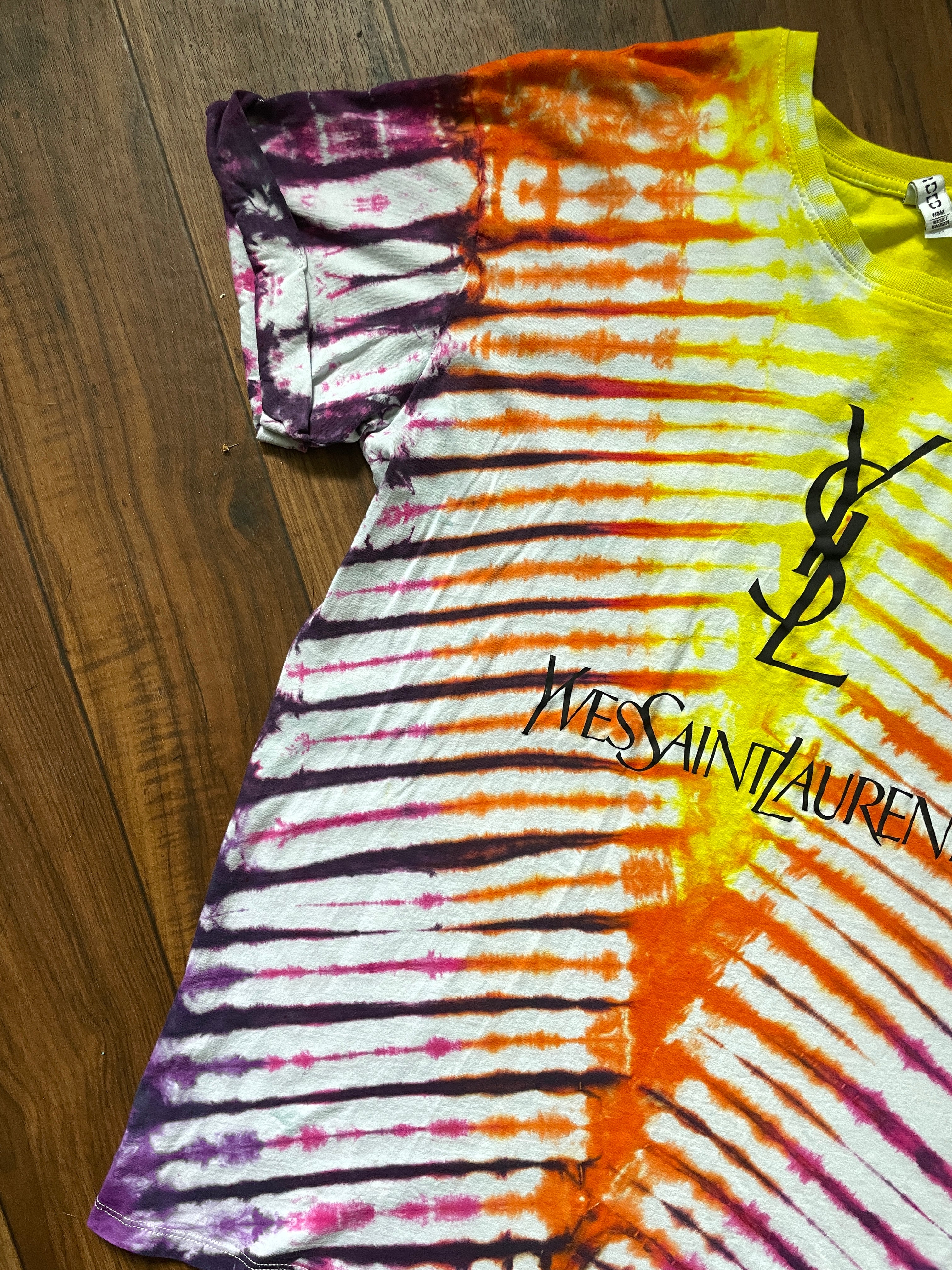 Medium Women's Yves Saint Laurent Handmade Tie Dye Short Sleeve T-Shirt | One-Of-a-Kind Upcycled Pink, Orange, and Yellow Pleated Tie Dye Top
