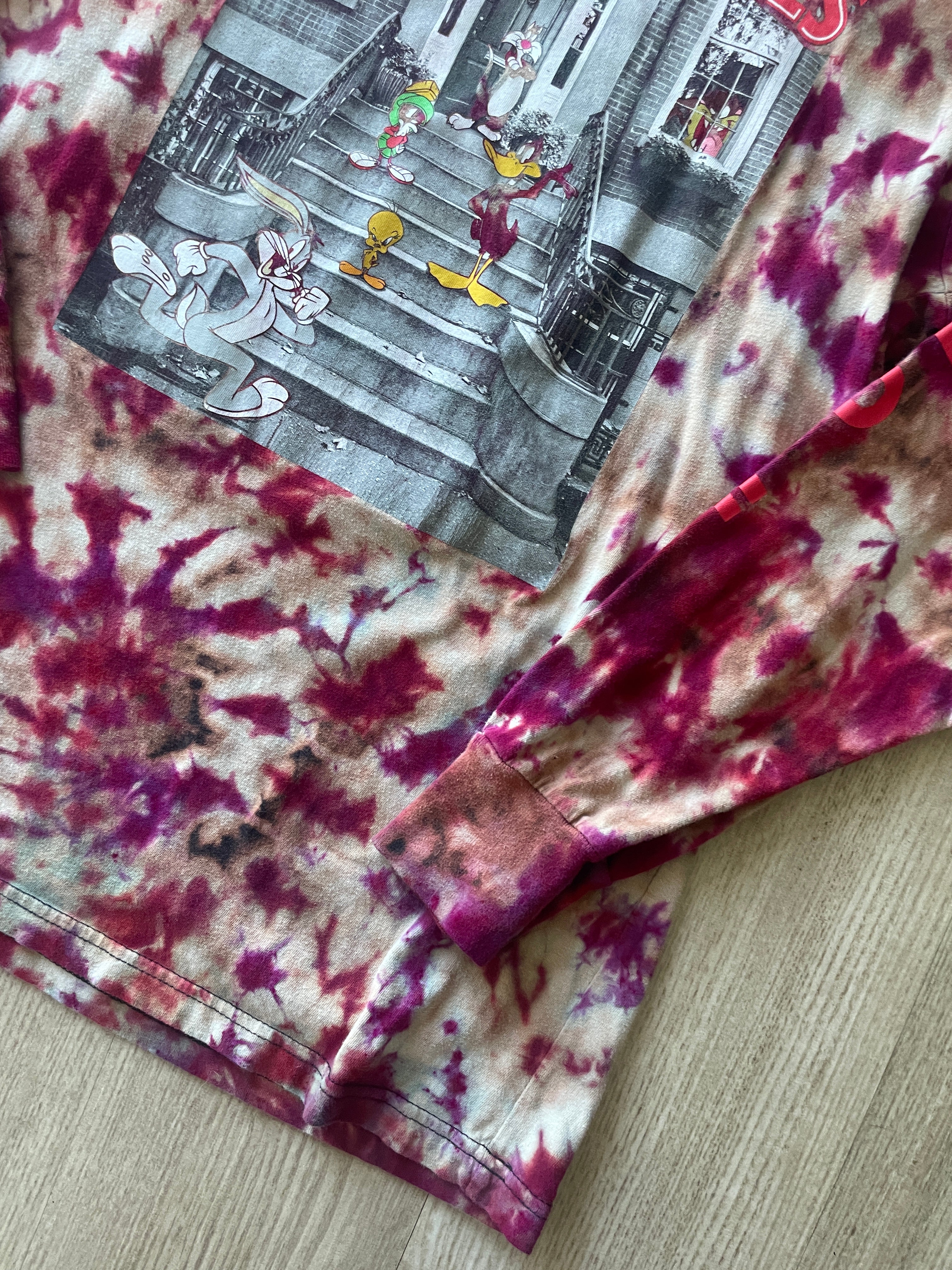 LARGE Men's Looney Tunes Front Stoop Handmade Reverse Tie Dye Long Sleeve Sleeve T-Shirt | One-Of-a-Kind Upcycled Black and Red Crumpled Top