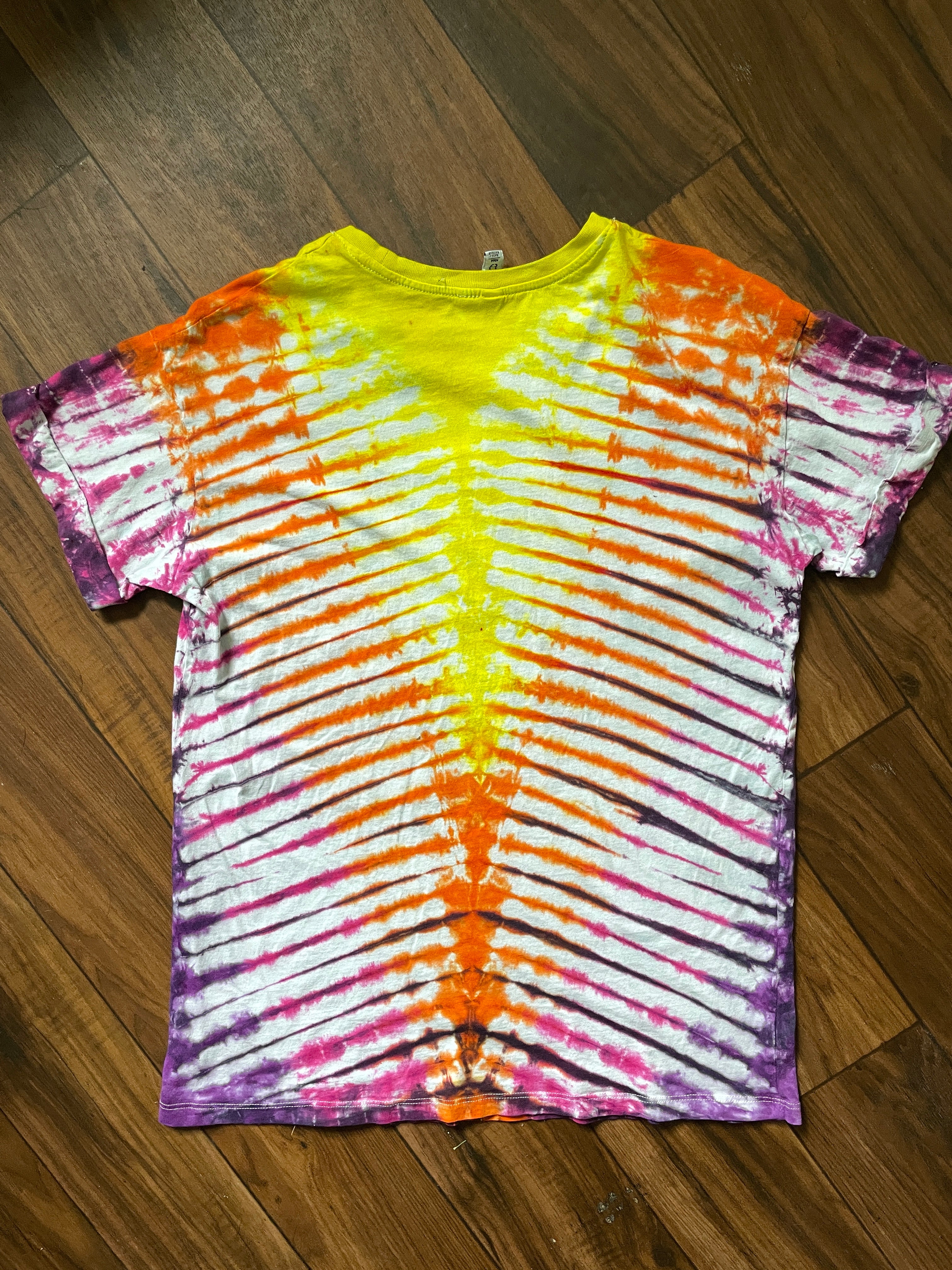 Medium Women's Yves Saint Laurent Handmade Tie Dye Short Sleeve T-Shirt | One-Of-a-Kind Upcycled Pink, Orange, and Yellow Pleated Tie Dye Top